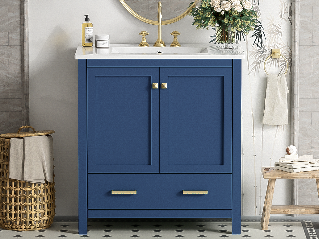 30" Blue Bathroom Vanity with Single Sink, Combo Cabinet Undermount Sink, Bathroom Storage Cabinet with 2 Doors and a Drawer, Soft Closing, Multifunctional Storage, Solid Wood Frame