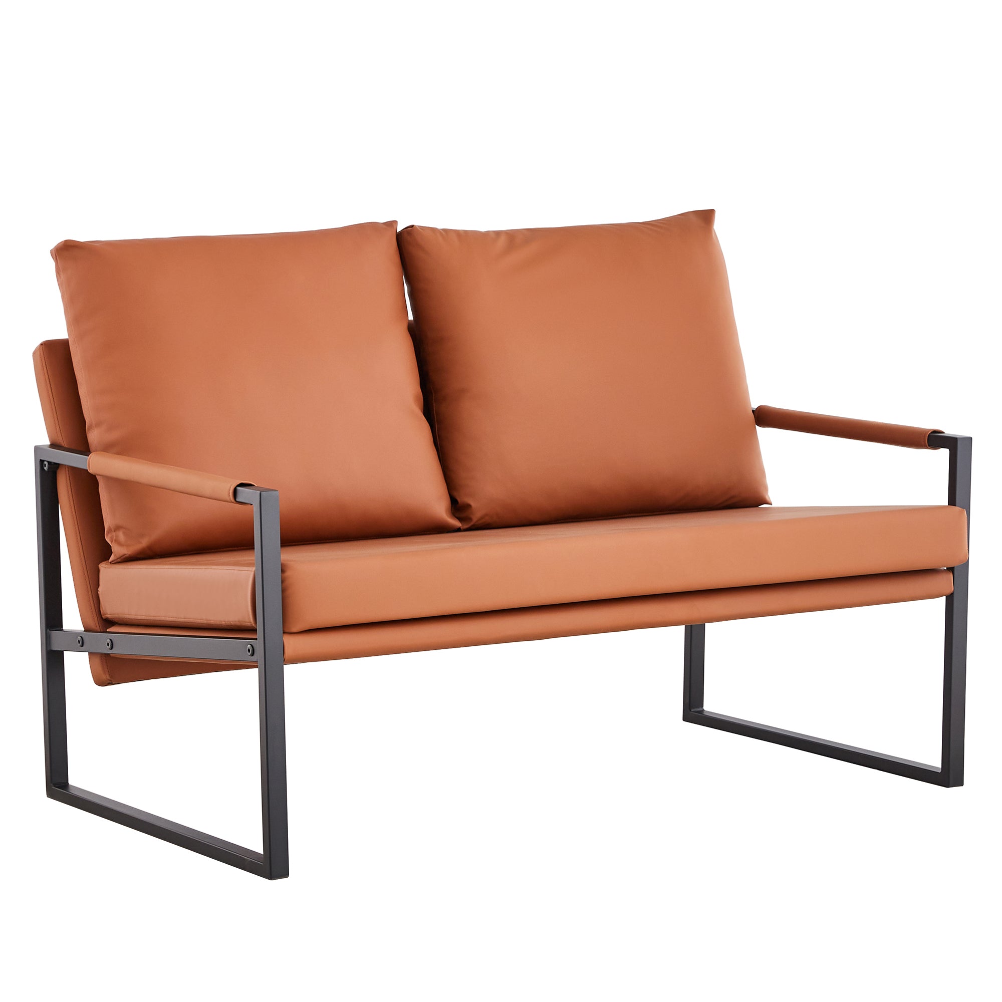 Modern Two-Seater Sofa Chair with 2 Pillows - PU Leather, High-Density Foam, Black Coated Metal Frame.Brown  SF-D008