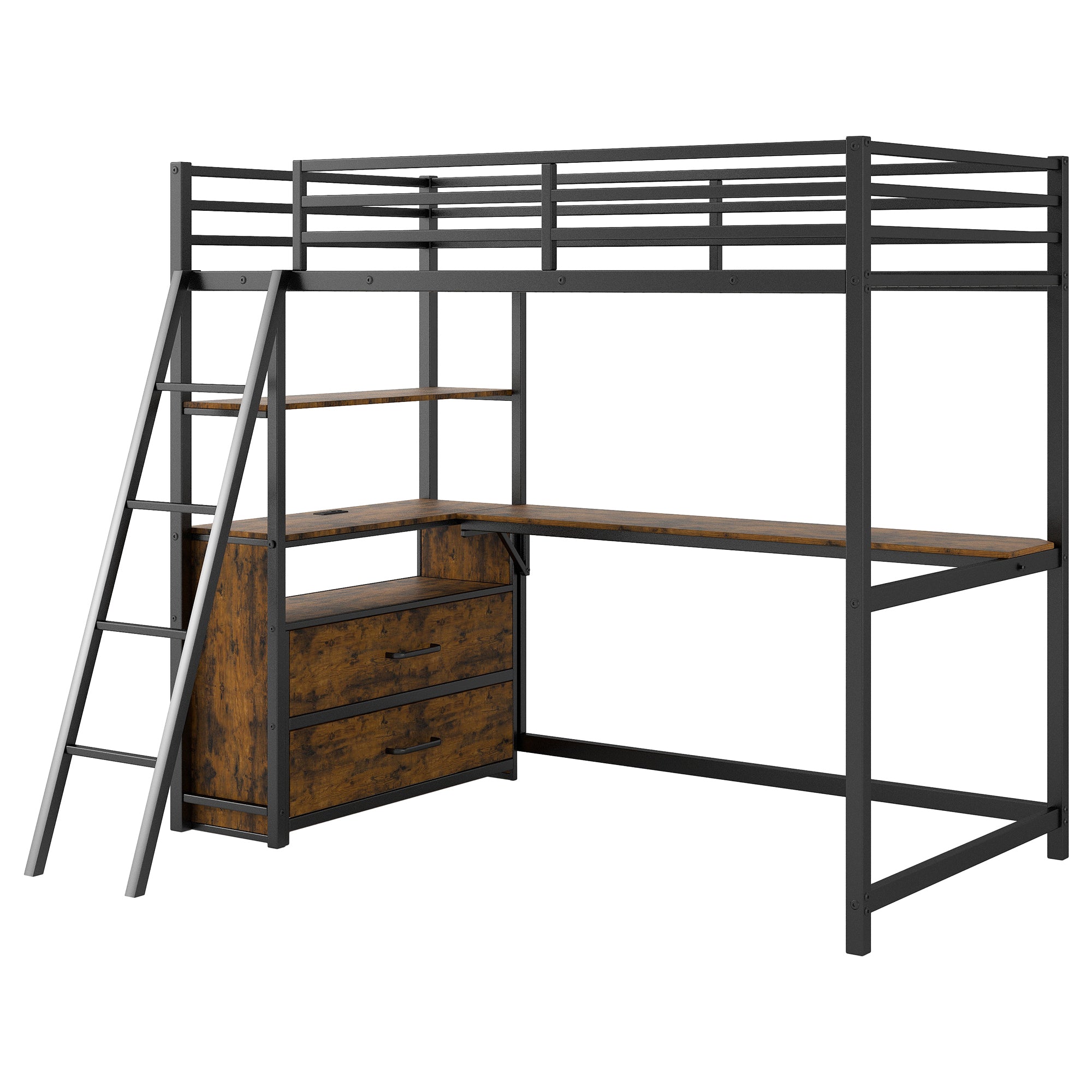 Twin Size Metal&Wood Loft Bed with Desk and Shelves, Two Built-in Drawers, LED Light and USB Charging Station, Black