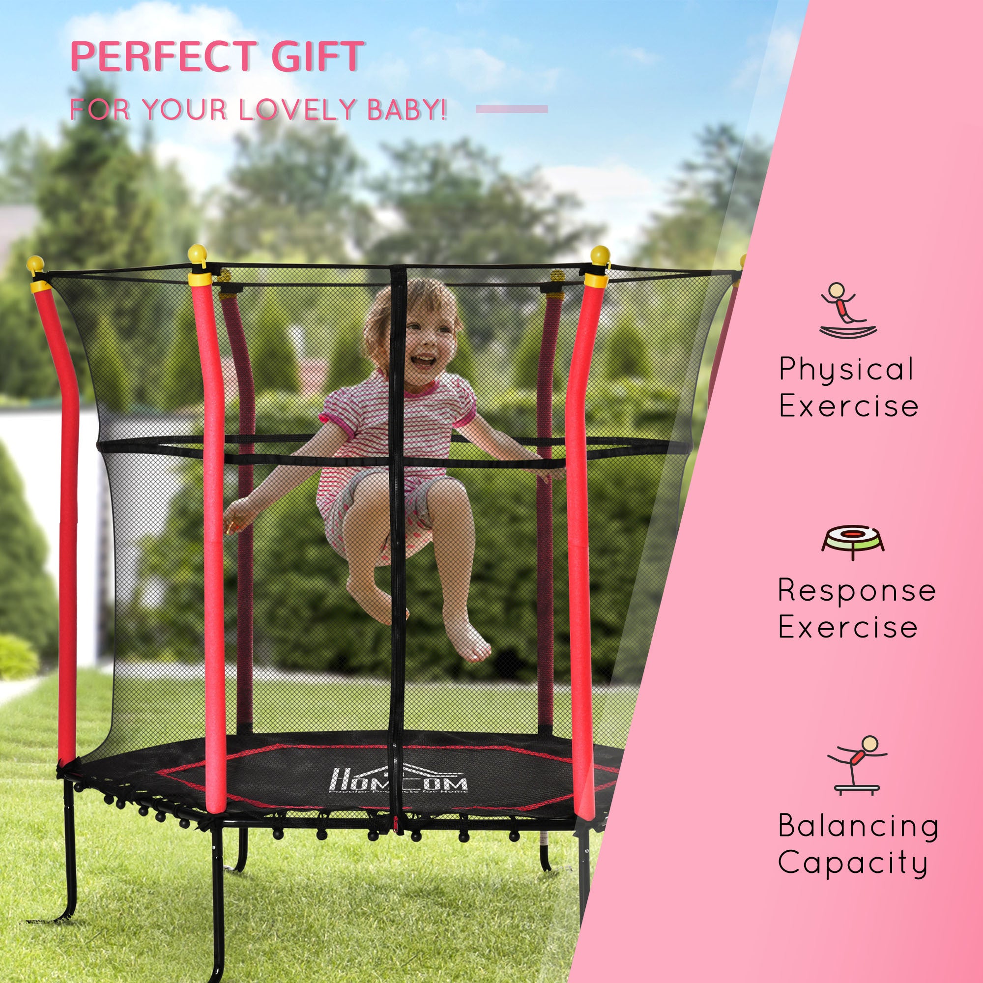 Soozier Trampoline for Kids with Net, Indoor/Outdoor Toddler Trampoline with Safety Enclosure, Birthday Gift for Boys and Girls 3-10 Years, Red