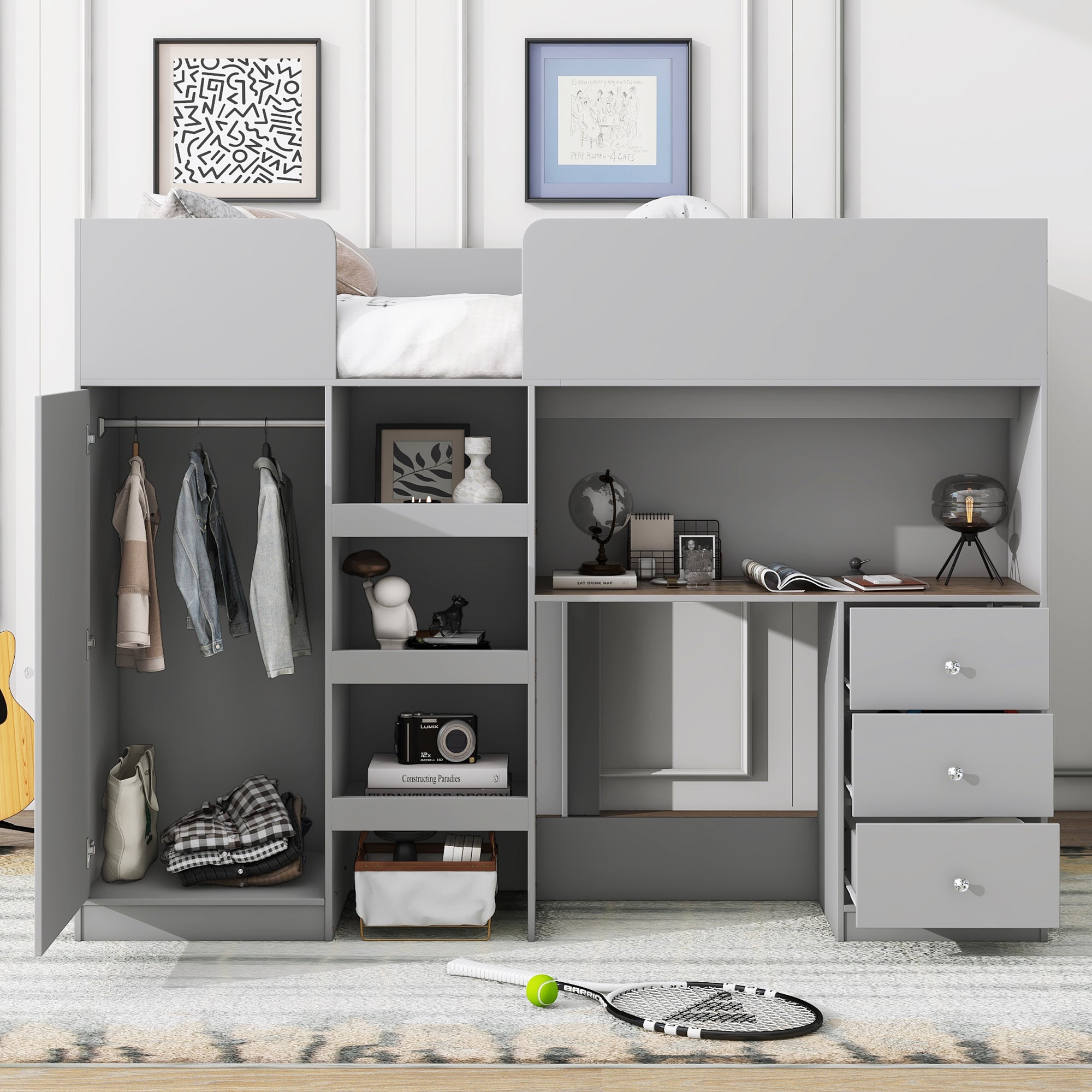 Wood Full Size Loft Bed with Built-in Wardrobe, Desk, Storage Shelves and Drawers, Grey