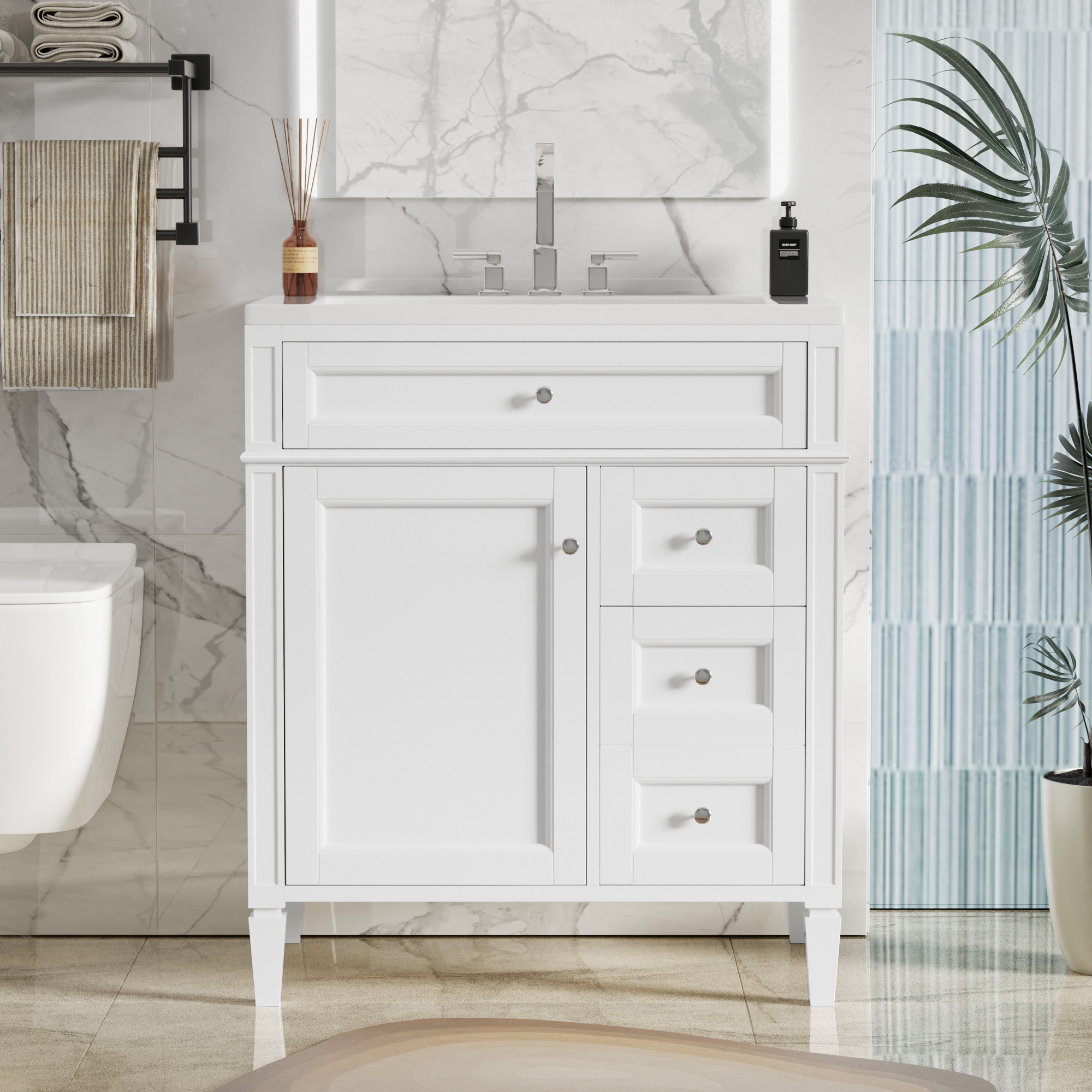 30-inch bathroom vanity with 2 drawers and tip-out drawer, storage detail