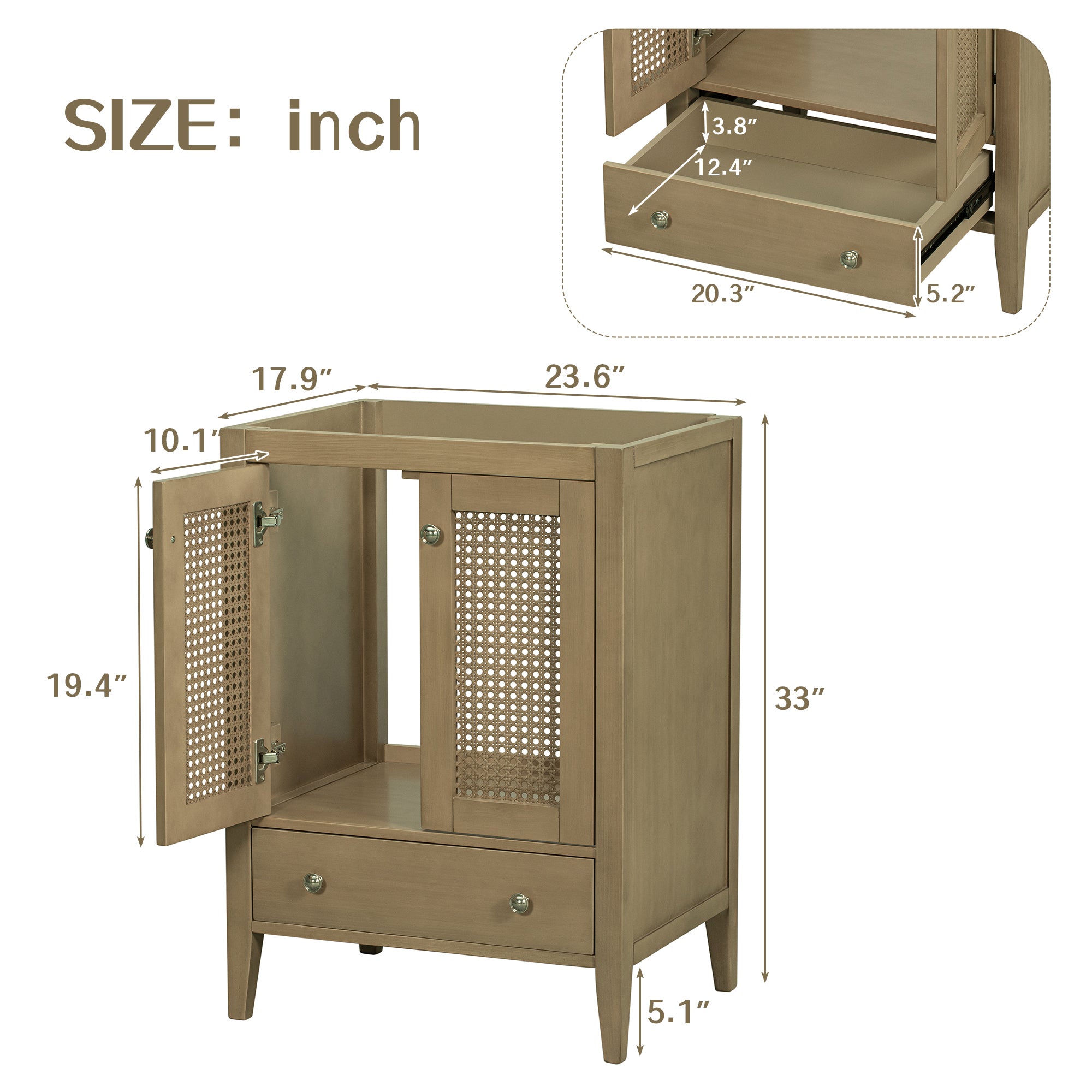 24" Bathroom Vanity without Sink, Base Only, Rattan Cabinet with Doors and Drawer, Solid Frame and MDF Board, Natural