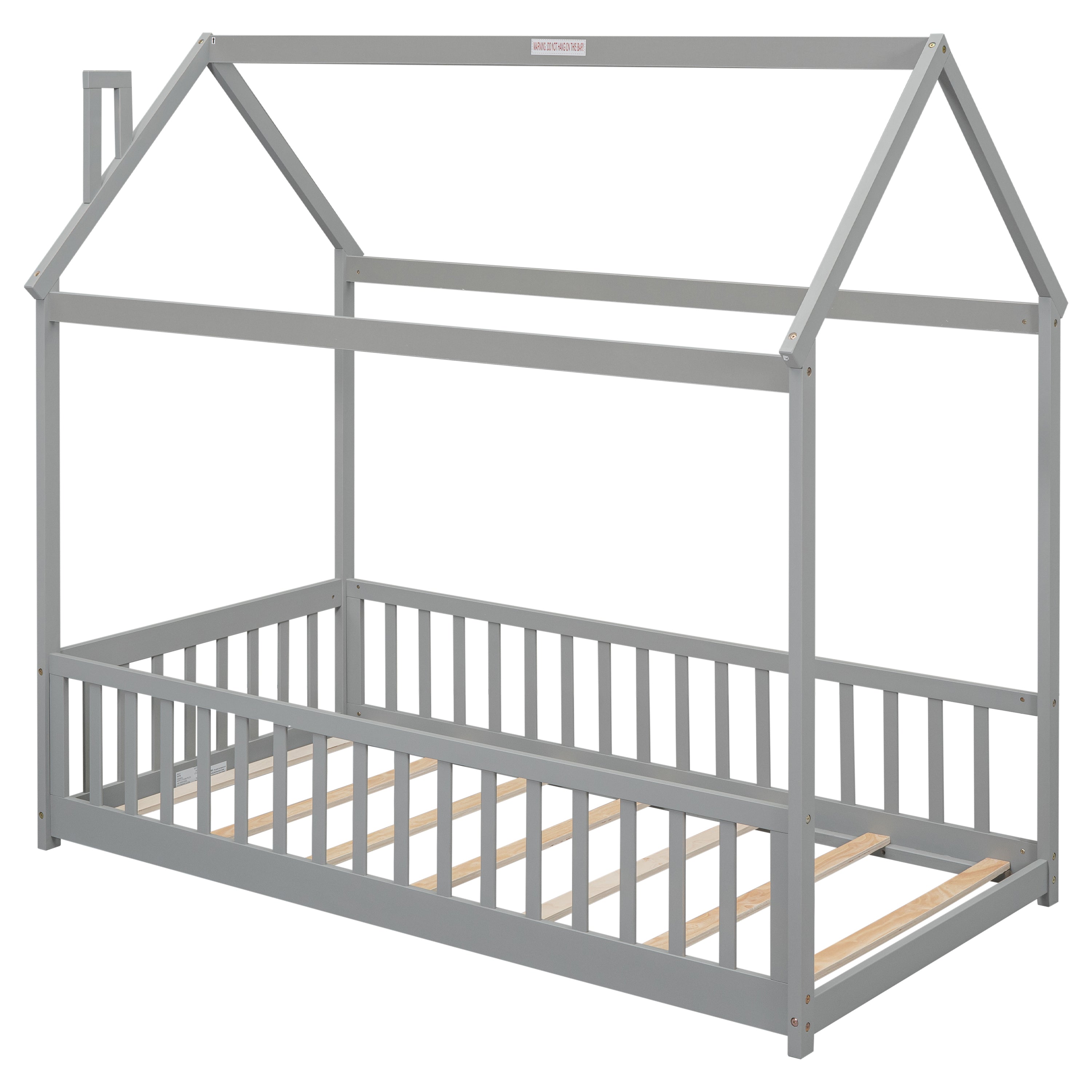 Twin House Bed with Guardrails, Slats ,Grey