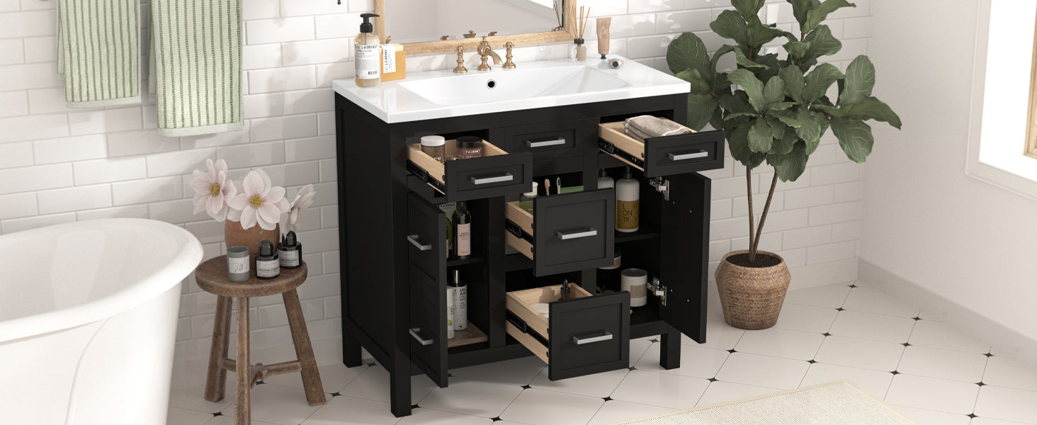 36" Bathroom Vanity Cabinet with Resin Integrated Sink - 4 Drawers, 2 Doors