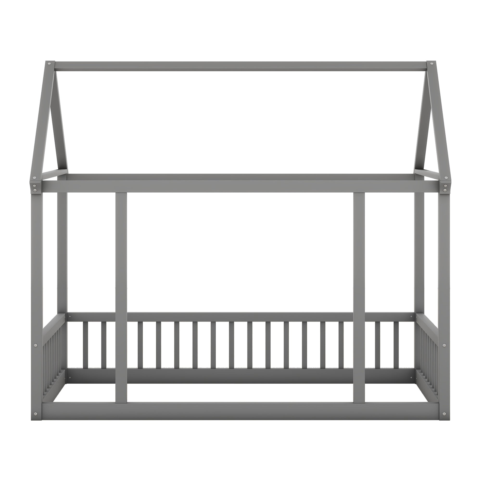 Twin Size Floor Wooden Bed with House Roof Frame and Safety Guardrails ,Gray