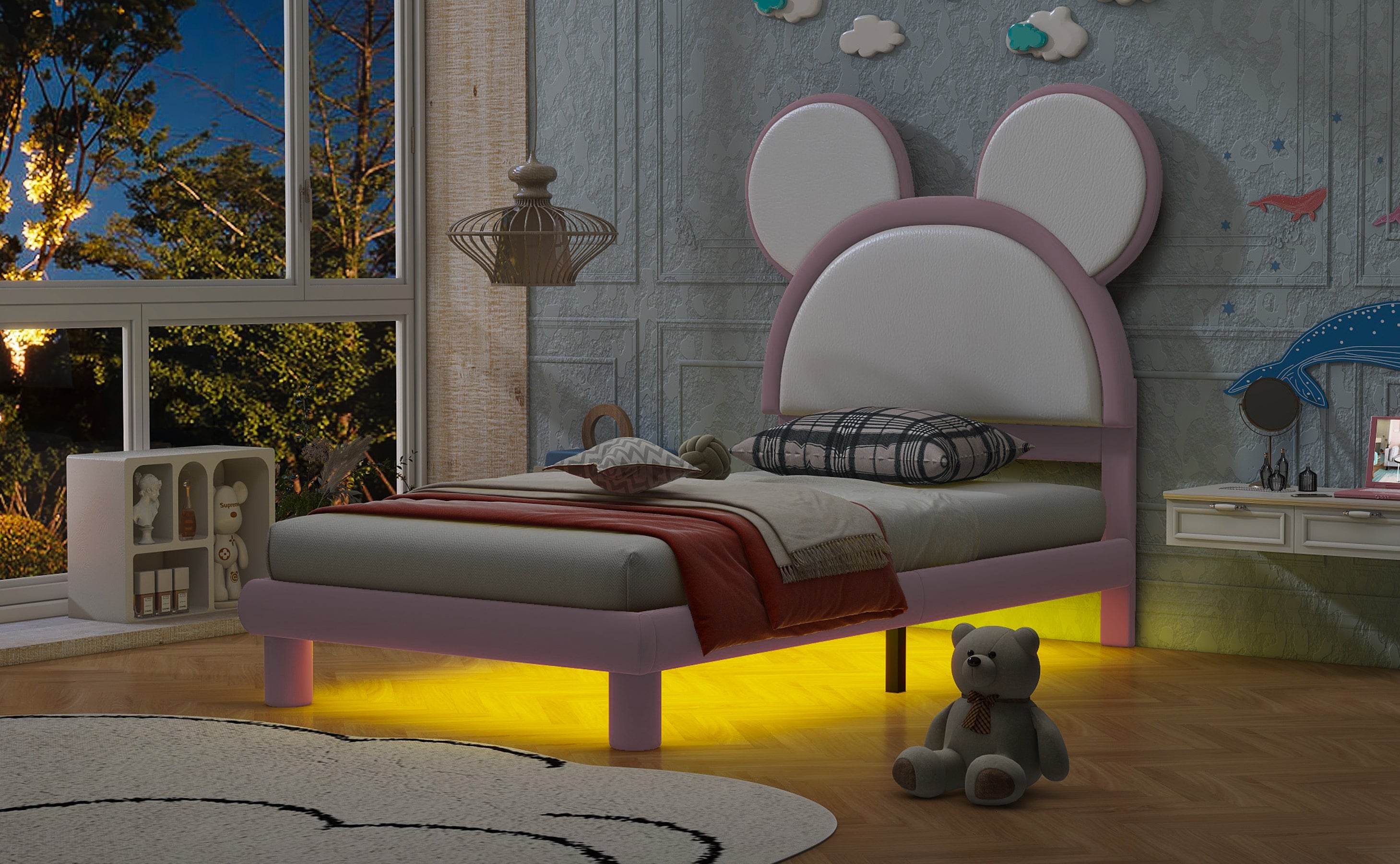 Twin Size Upholstered Platform Bed with Cartoon Ears Shaped Headboard and LED, White&Pink