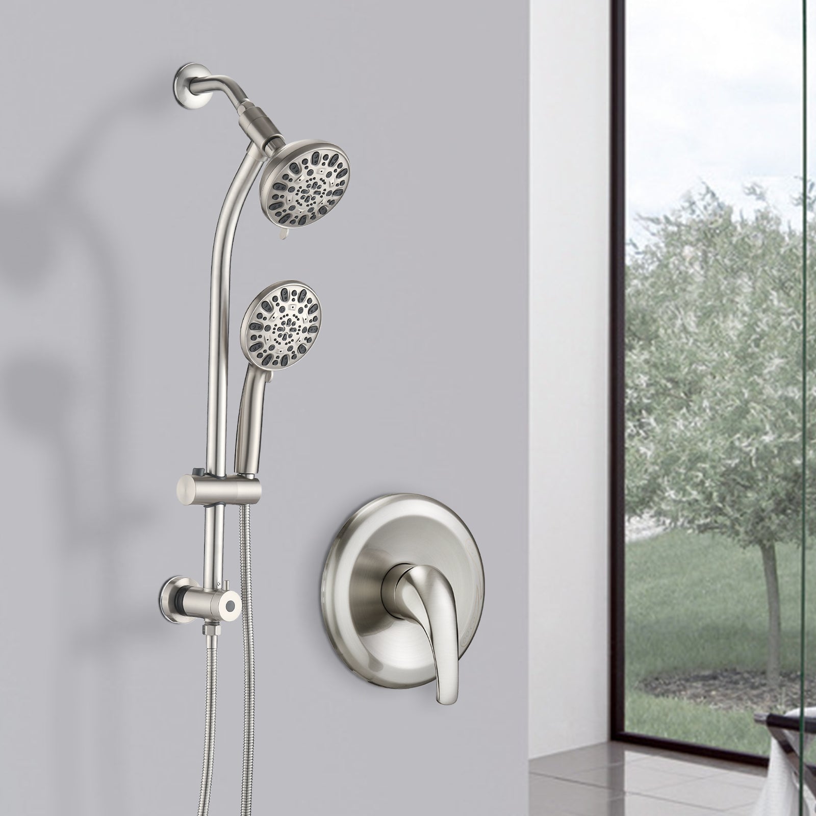 Drill-Free Stainless Steel Slide Bar Combo Rain Showerhead 7-Setting Hand, Dual Shower Head Spa System (Rough-in Valve Included)