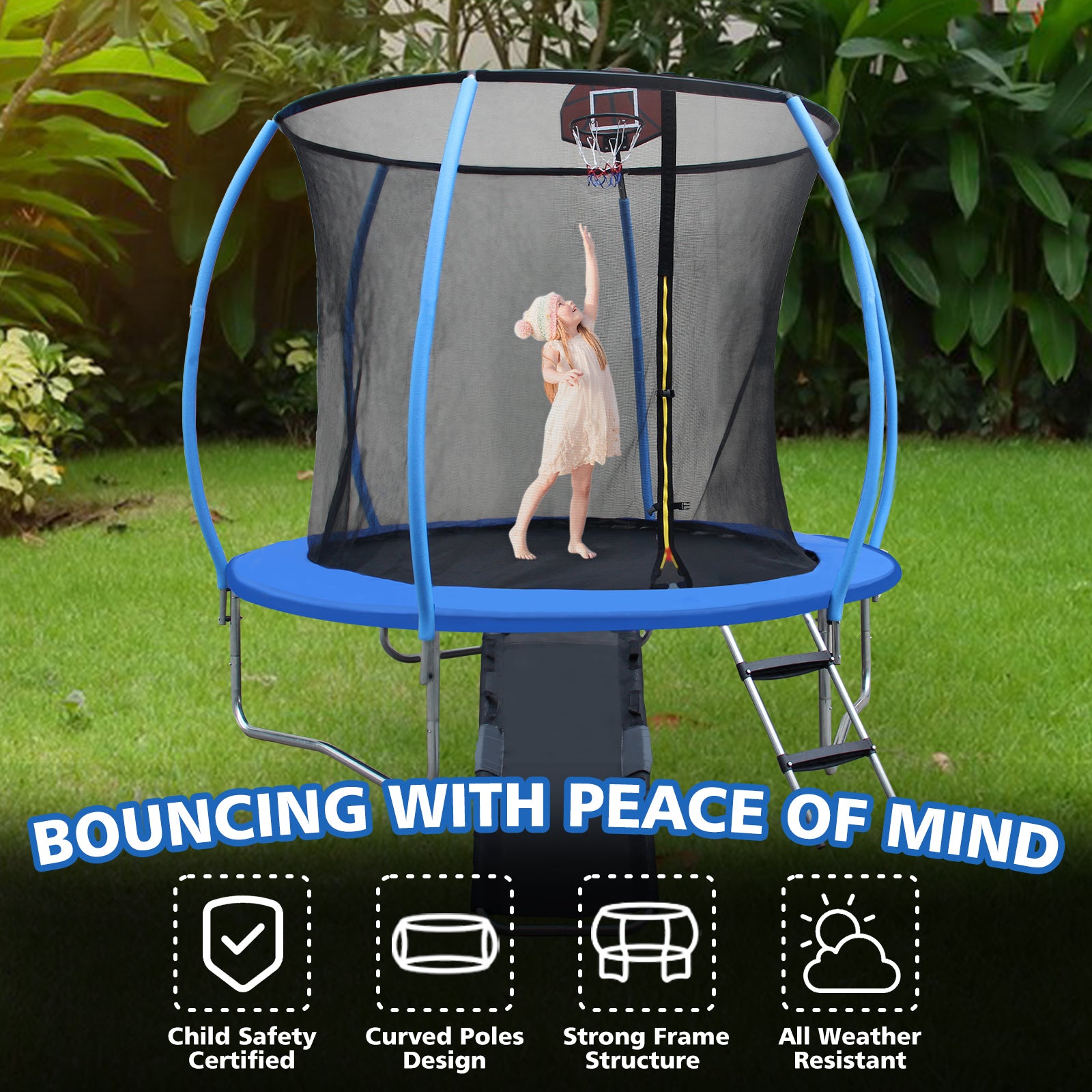 12FT Trampoline with Enclosure - Recreational Trampolines with Ladder and Anti Rust Coating, Pumpkin-shaped Trampoline with Slide and Basket Board, ASTM Approval Outdoor Trampoline for Kids