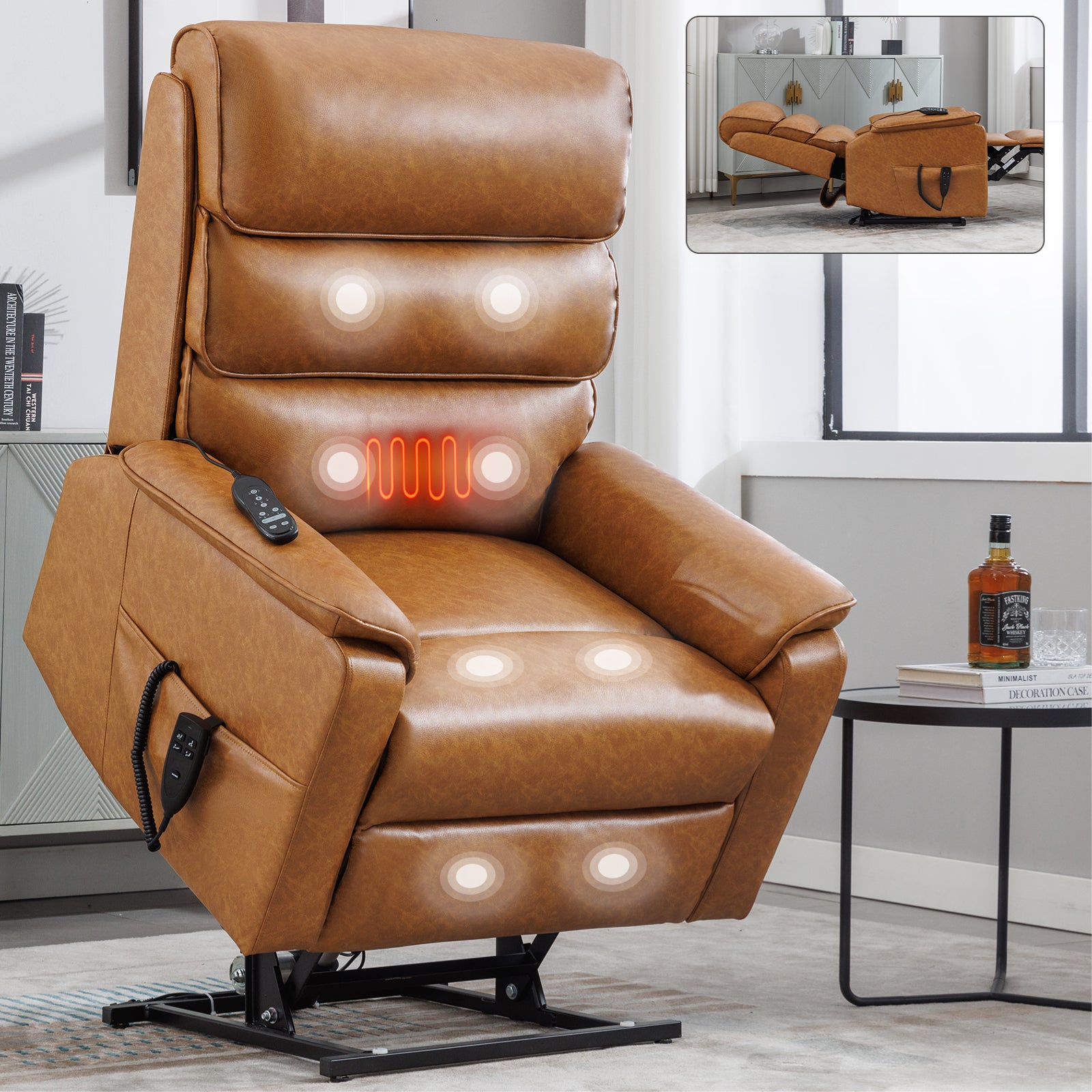 Brown Leatheraire Dual Motor Infinite Position Up to 350 LBS Power Lift Recliner Chair with Power-Remote, Heat Massage and Heavy Duty Motion Mechanism