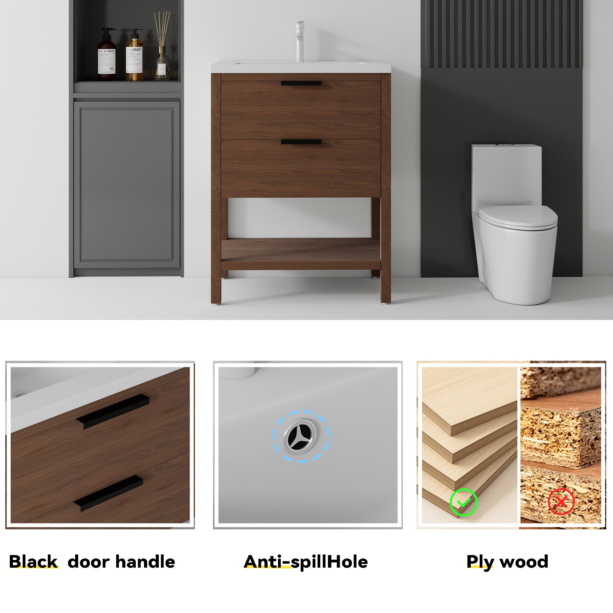 24 inch plywood bathroom vanity brown finish, side profile view