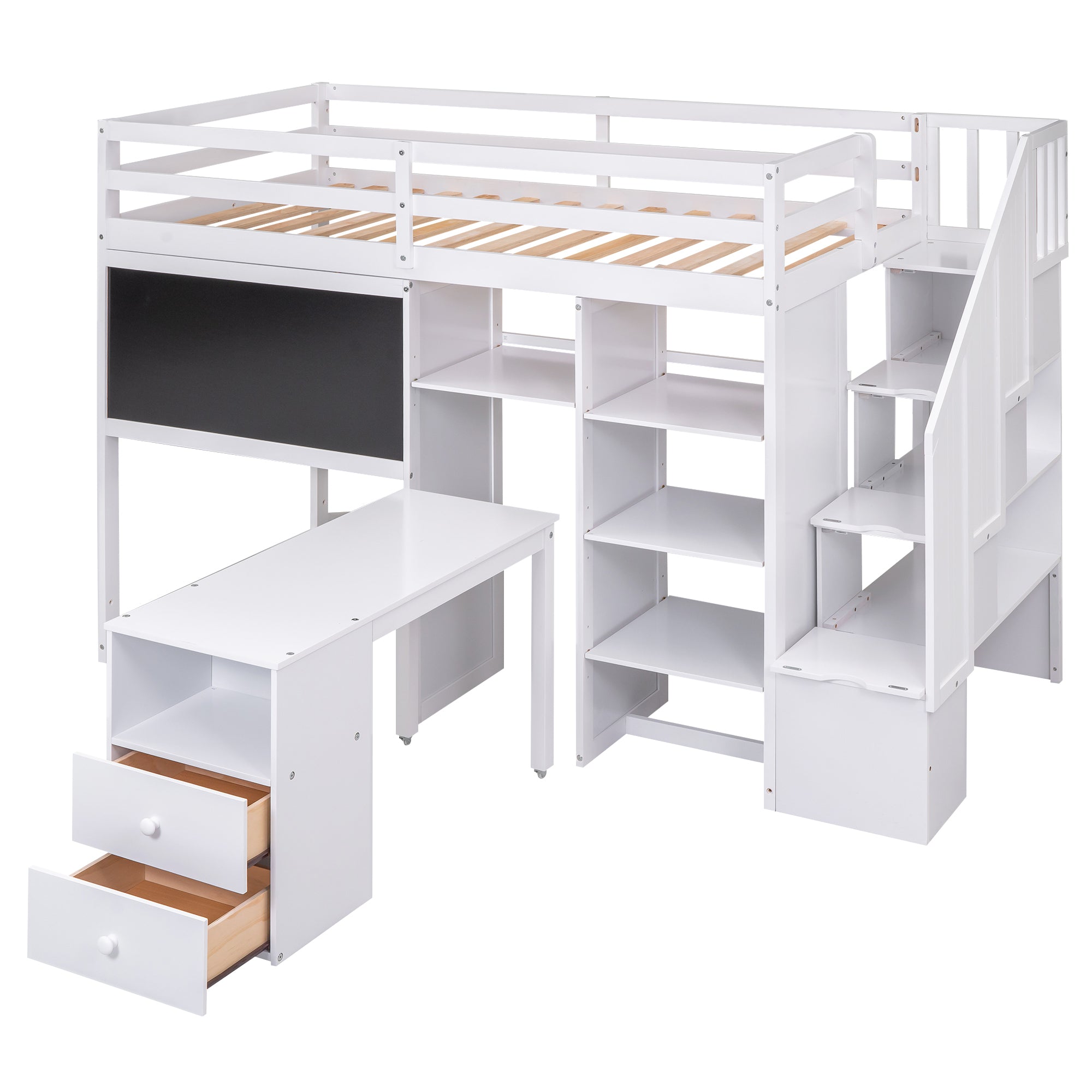 Twin Size Loft Bed with Pullable Desk and Storage Shelves,Staircase and Blackboard,White