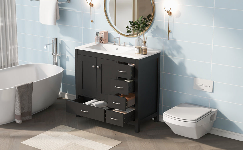 36" Black Bathroom Vanity with Ceramic Sink Combo, Abundant Storage Cabinet -2 Soft close doors and 5 drawers