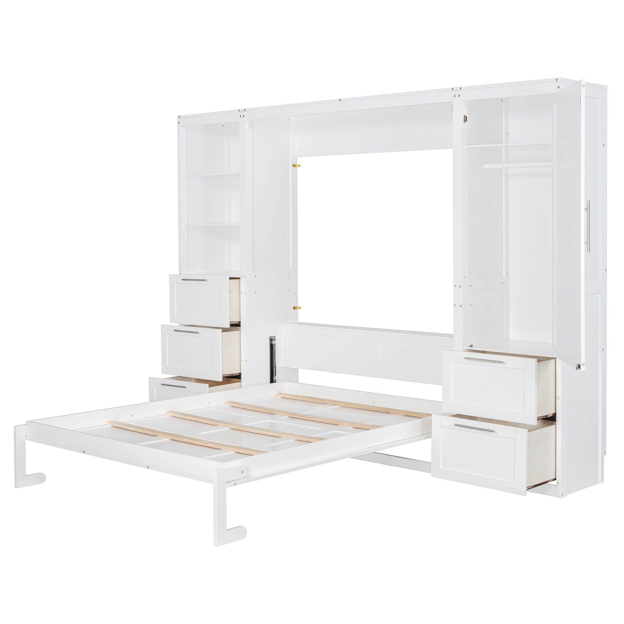 Queen Size Murphy Bed Wall Bed with Closet ,Drawers and Shelves,White