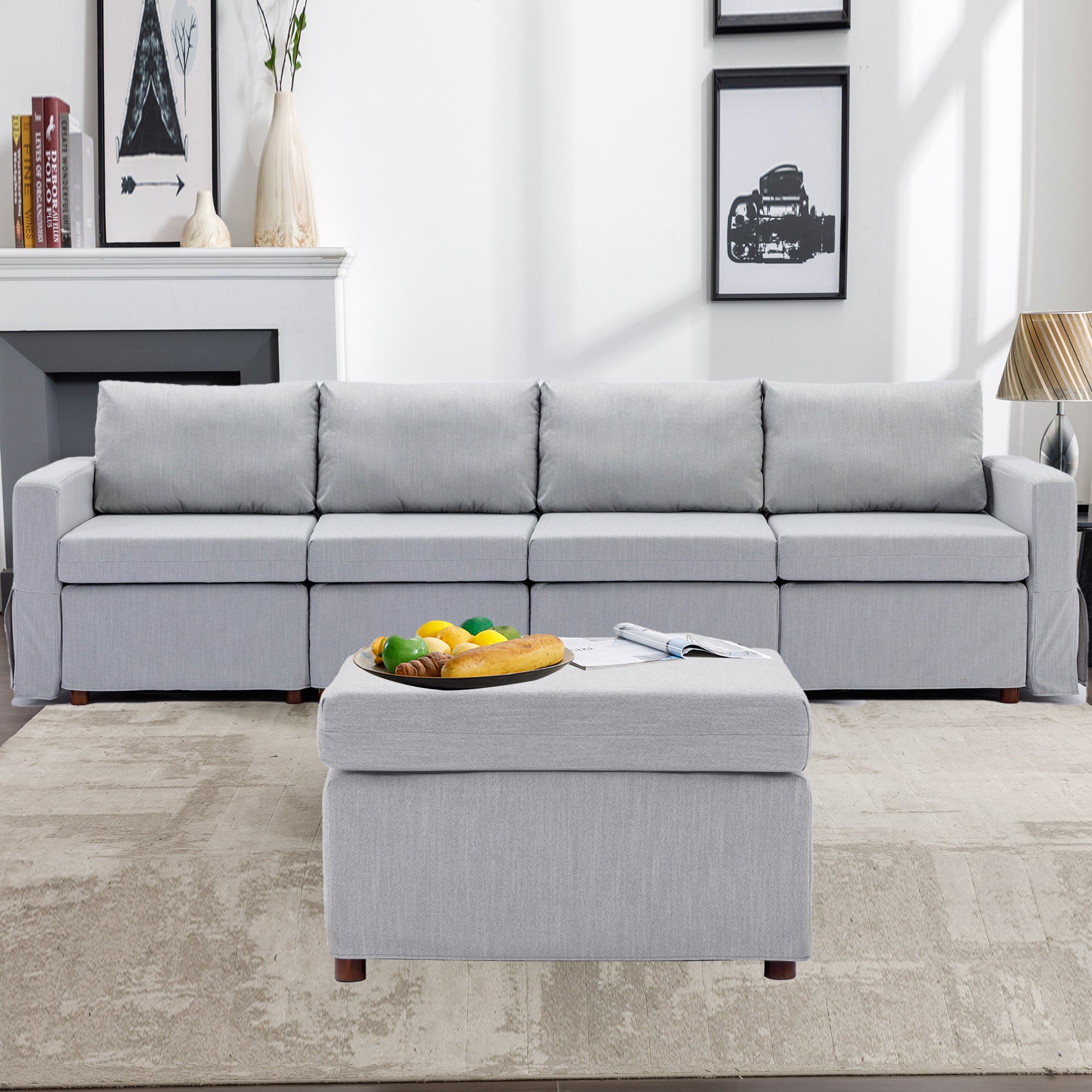 4 Seat Module Sectional Sofa Couch With 1 Ottoman,Seat Cushion and Back Cushion Removable and Washable,Light Grey