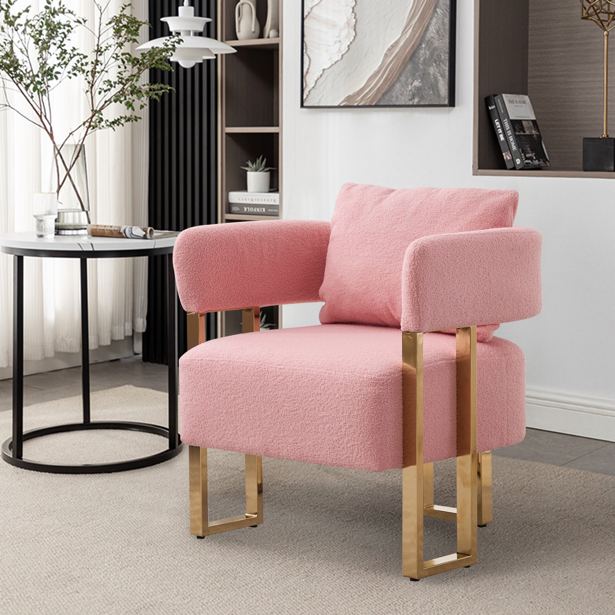 TS Modern decorative chair, living room side chair with gold metal legs, no wheels, suitable for dressing area, reception room, office,Teddy fleece upholstered metal foot sofas 2PCS Pink