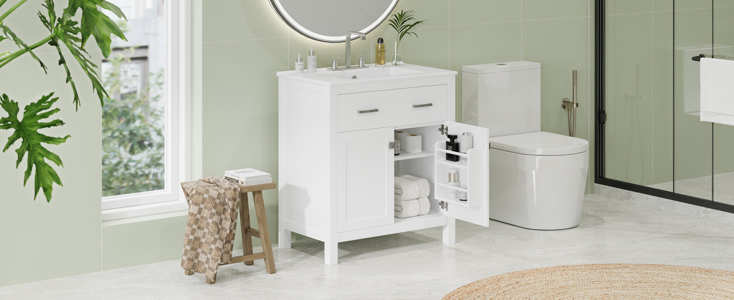 30-inch Bathroom Vanity with Ceramic Sink, Modern White Single Bathroom Cabinet with 2 Doors and a Shelf, Soft Close Doors