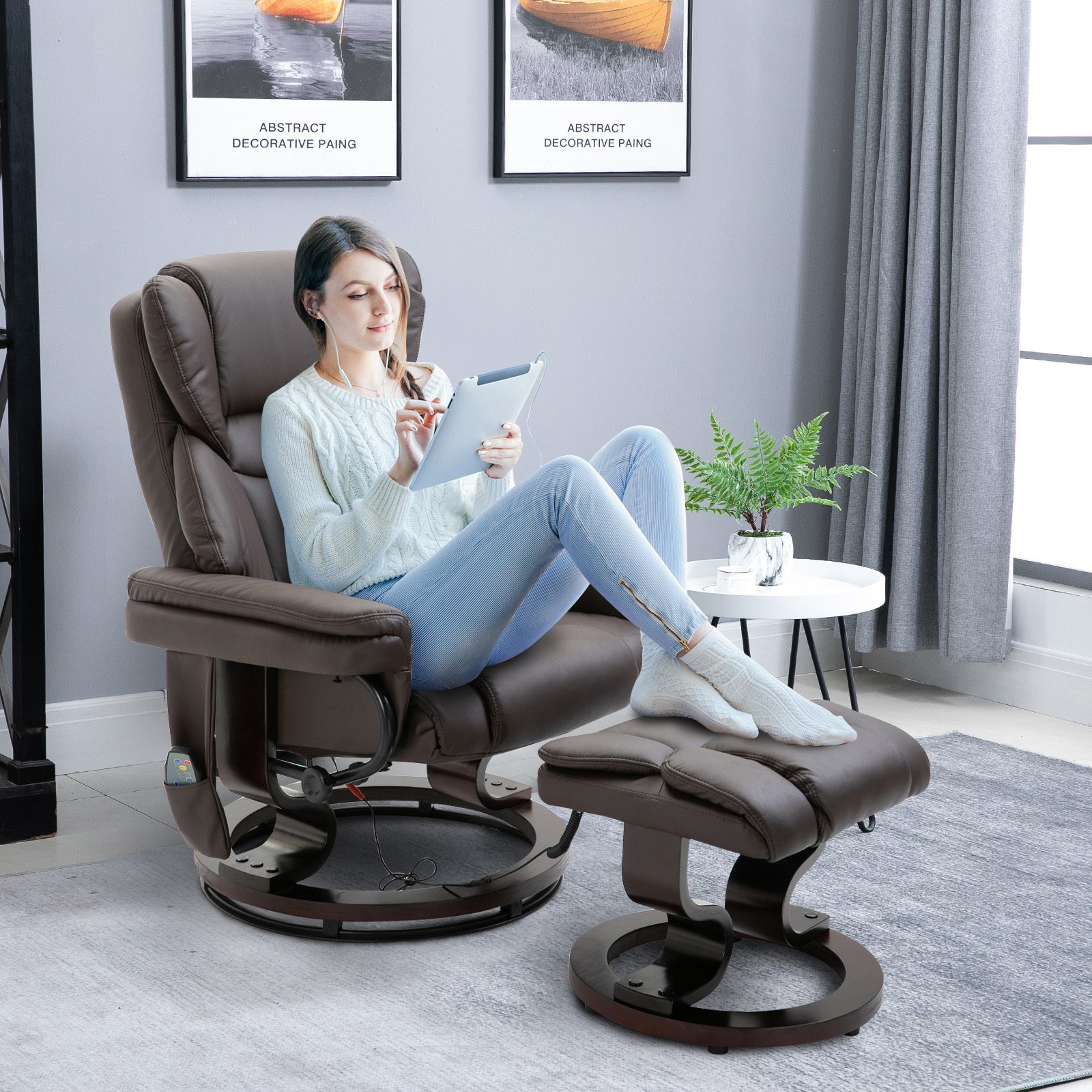 HOMCOM Massage Recliner Chair with Ottoman Footrest, 10 Vibration Points, 360° Swivel Reclining Chair, Faux Leather Living Room Chair with Side Pocket and Remote Control, Brown