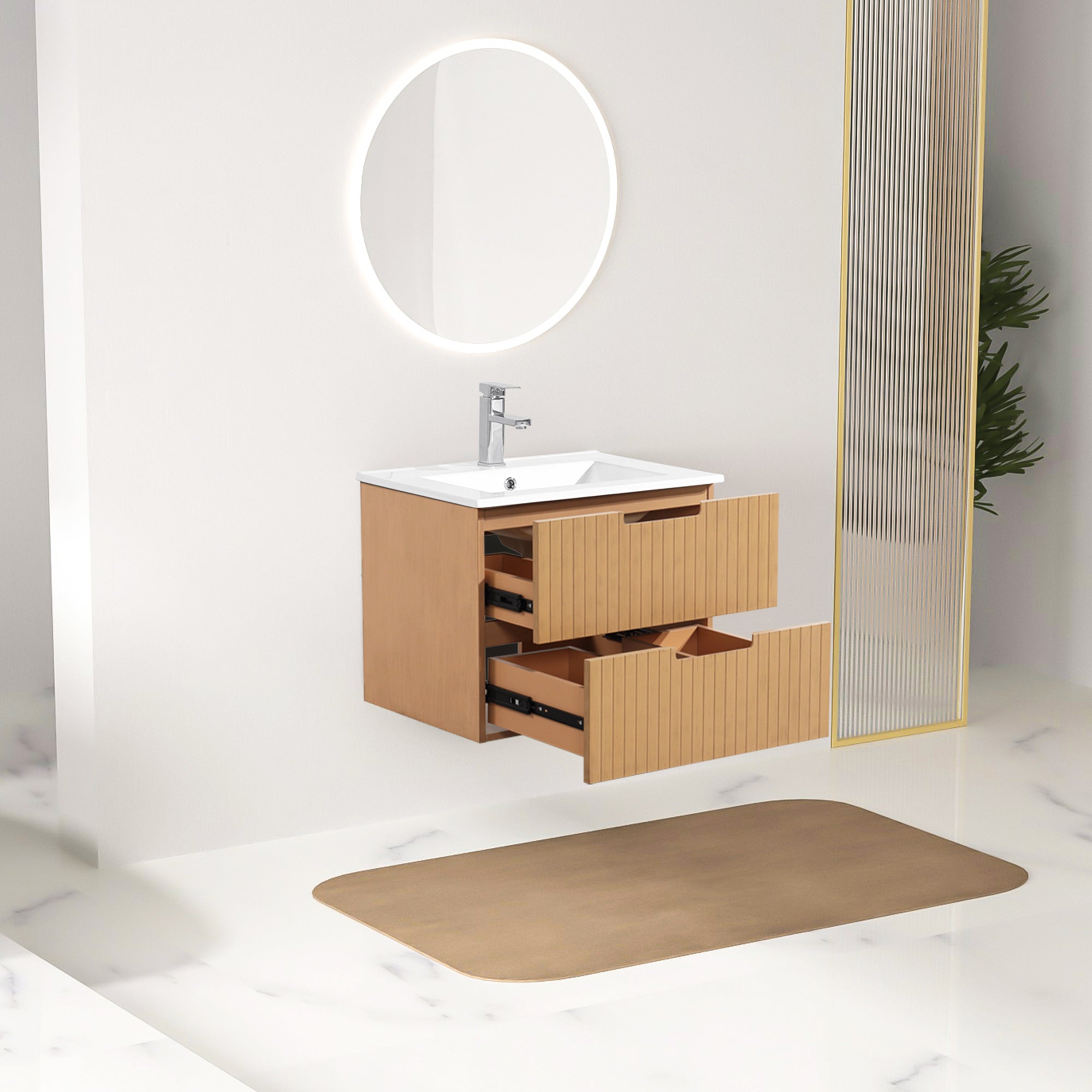 24 Inch Floating Bathroom Vanity with Ceramic Sink, Modern Bath Storage Cabinet Vanity with Drawers Wall Mounted Combo Set for Bathroom, Light Brown