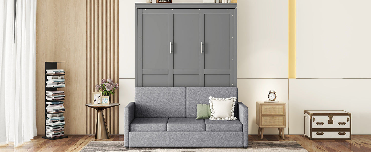 Queen Size Murphy Bed Wall Bed with Cushion,Gray