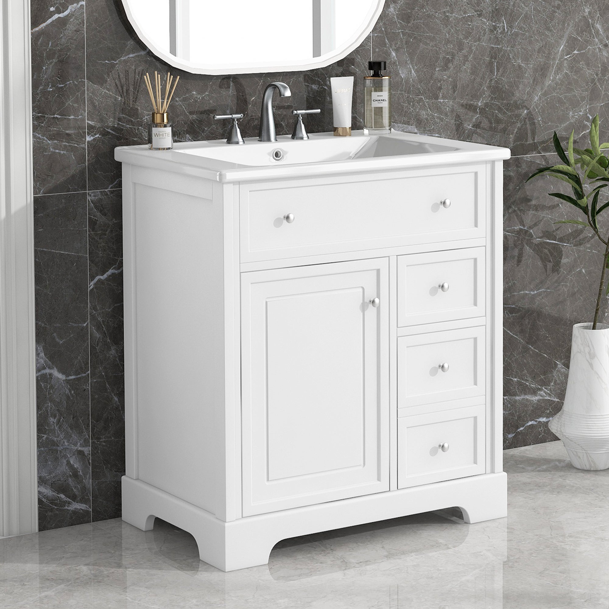 30" Bathroom Vanity with Sink Top, Bathroom Vanity Cabinet with Door and Two Drawers, MDF Boards, Solid Wood, One Package, White