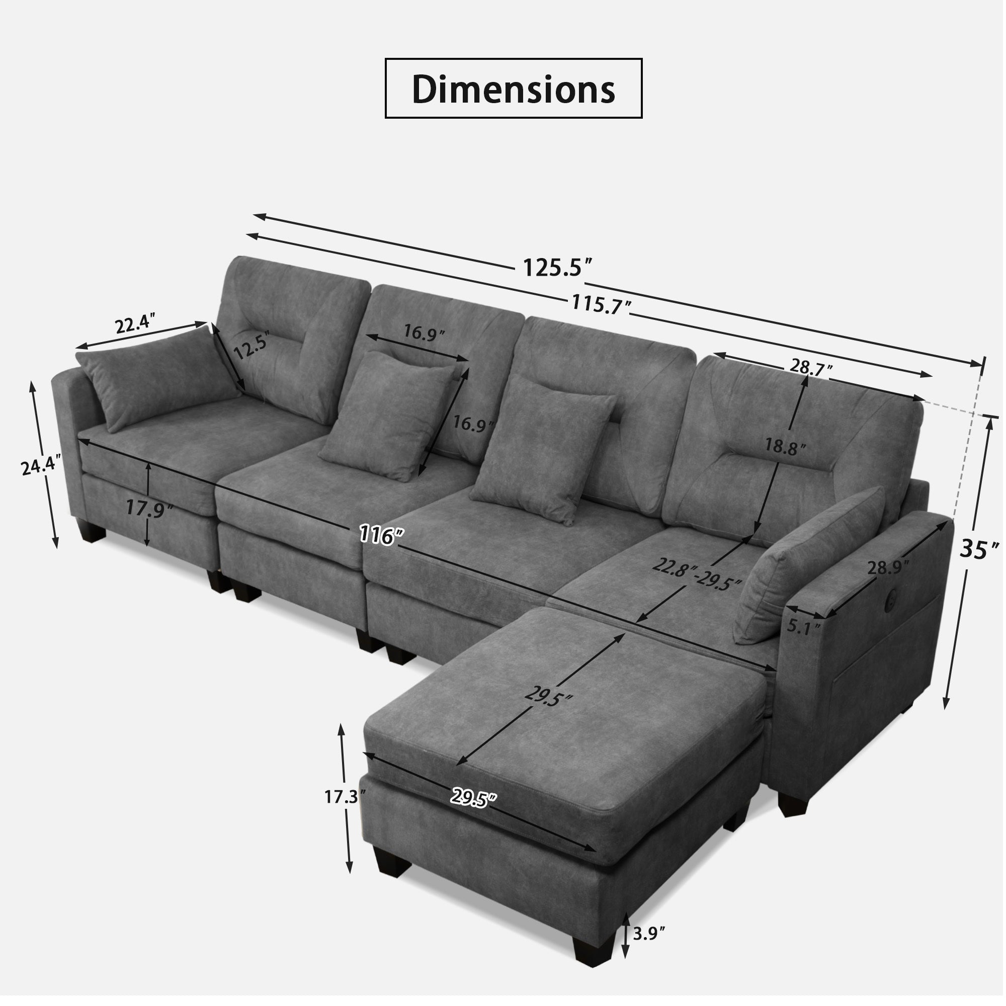 Oversized 125inch L Shaped Modular Sectional Couches with USB Ports, Ottoman, Lumbar Pillows