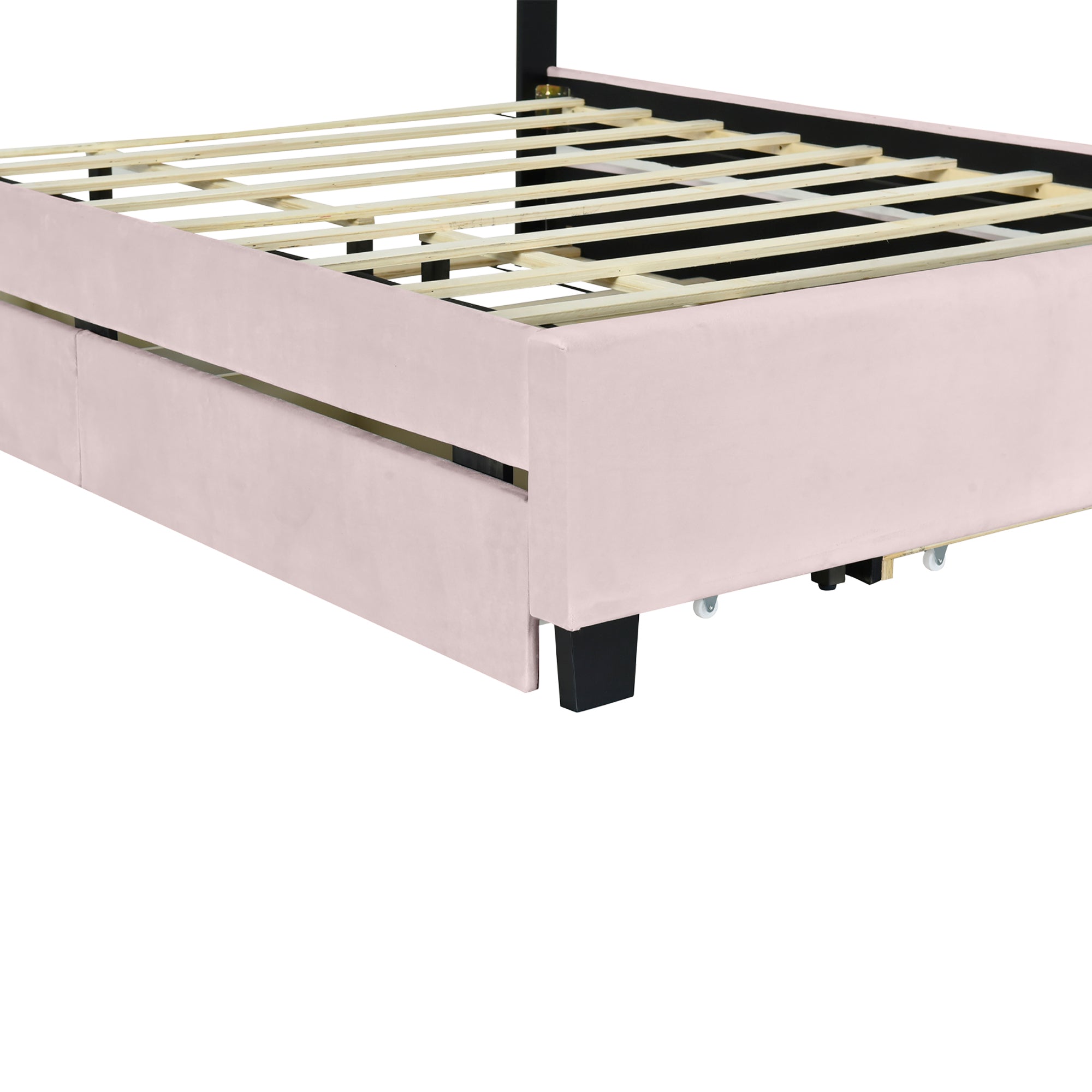 Queen Size Upholstered Platform Bed with Twill Headboard, Pullout Bed and Two Drawers, Flannel,Pink