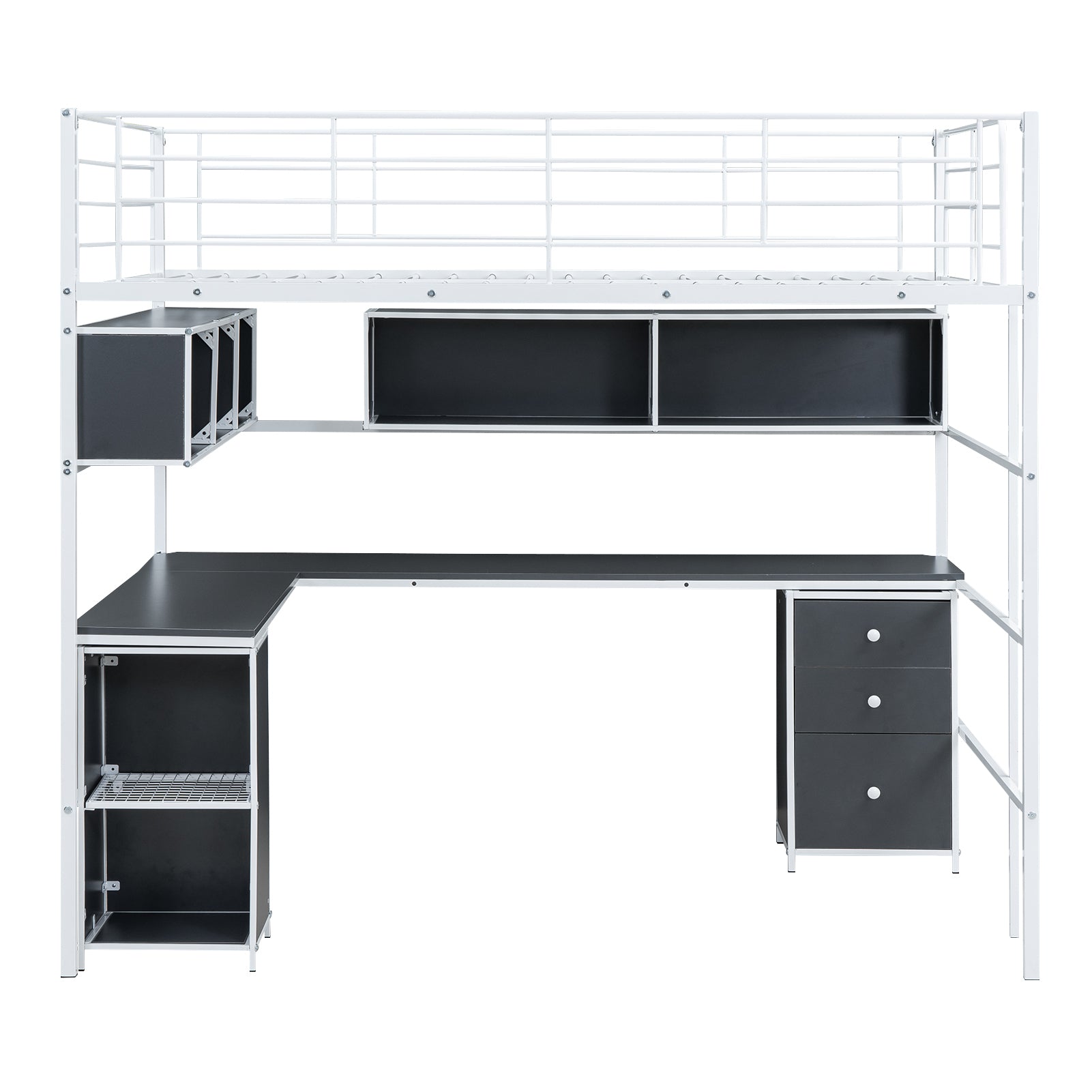 Metal Loft Bed with bookcase, desk and cabinet, Full, White