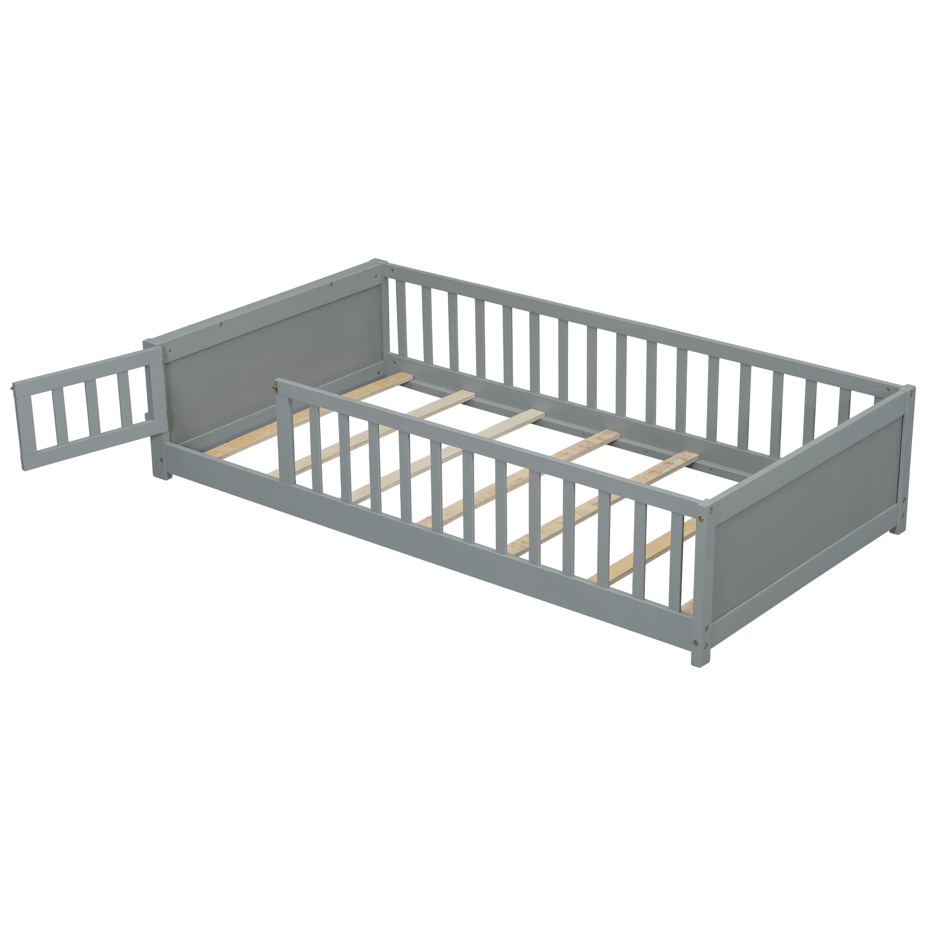 Twin size Floor Platform Bed with Built-in Book Storage Rack, Door,Grey