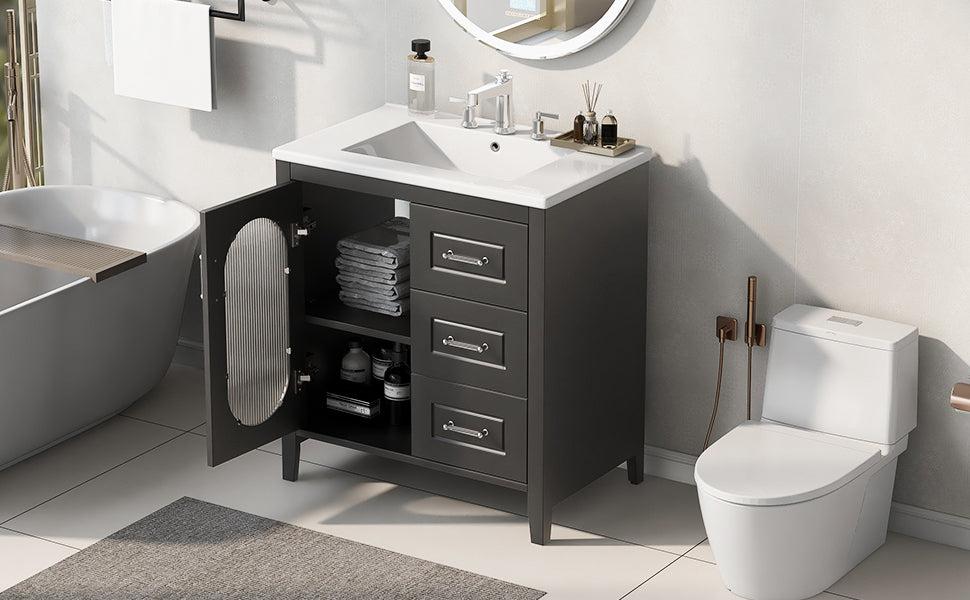 30" Bathroom Vanity with Sink, Bathroom Vanity Cabinet with Two Drawers and Door, Adjustable Shelf, Solid Wood and MDF, Black