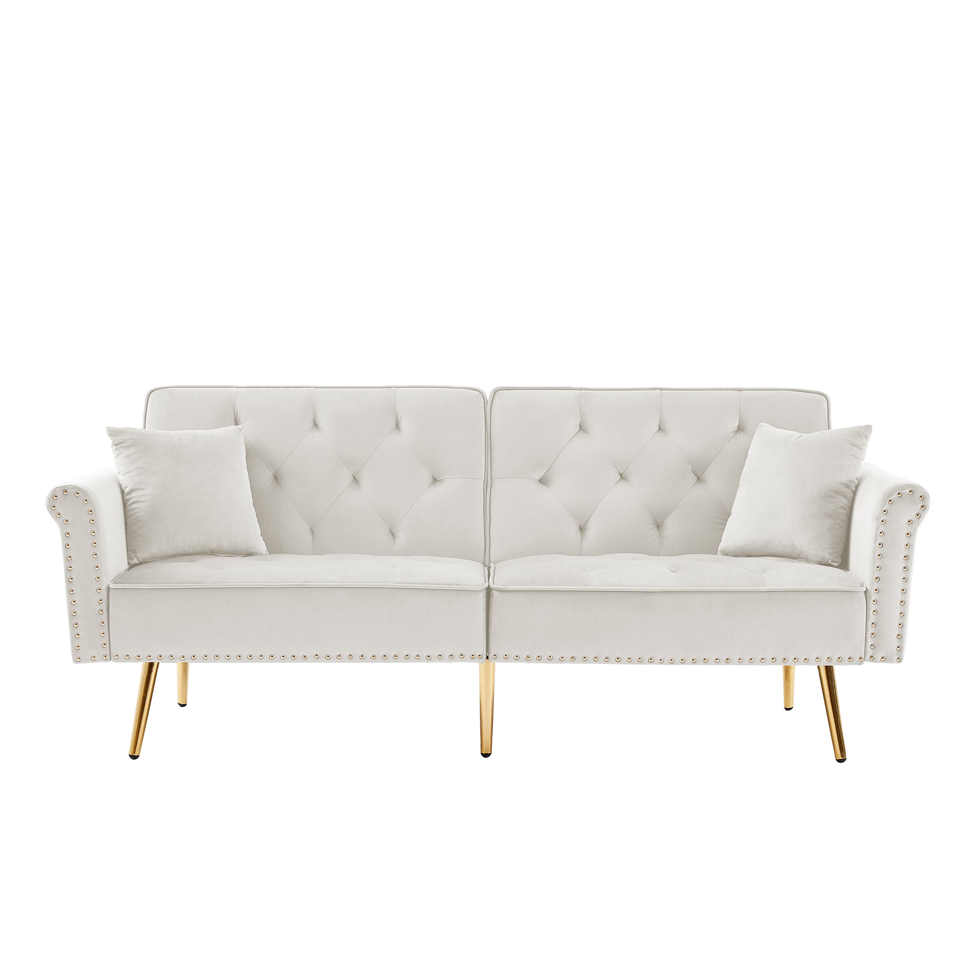 BEIGE Velvet Tufted Sofa Couch with 2 Pillows and Nailhead Trim