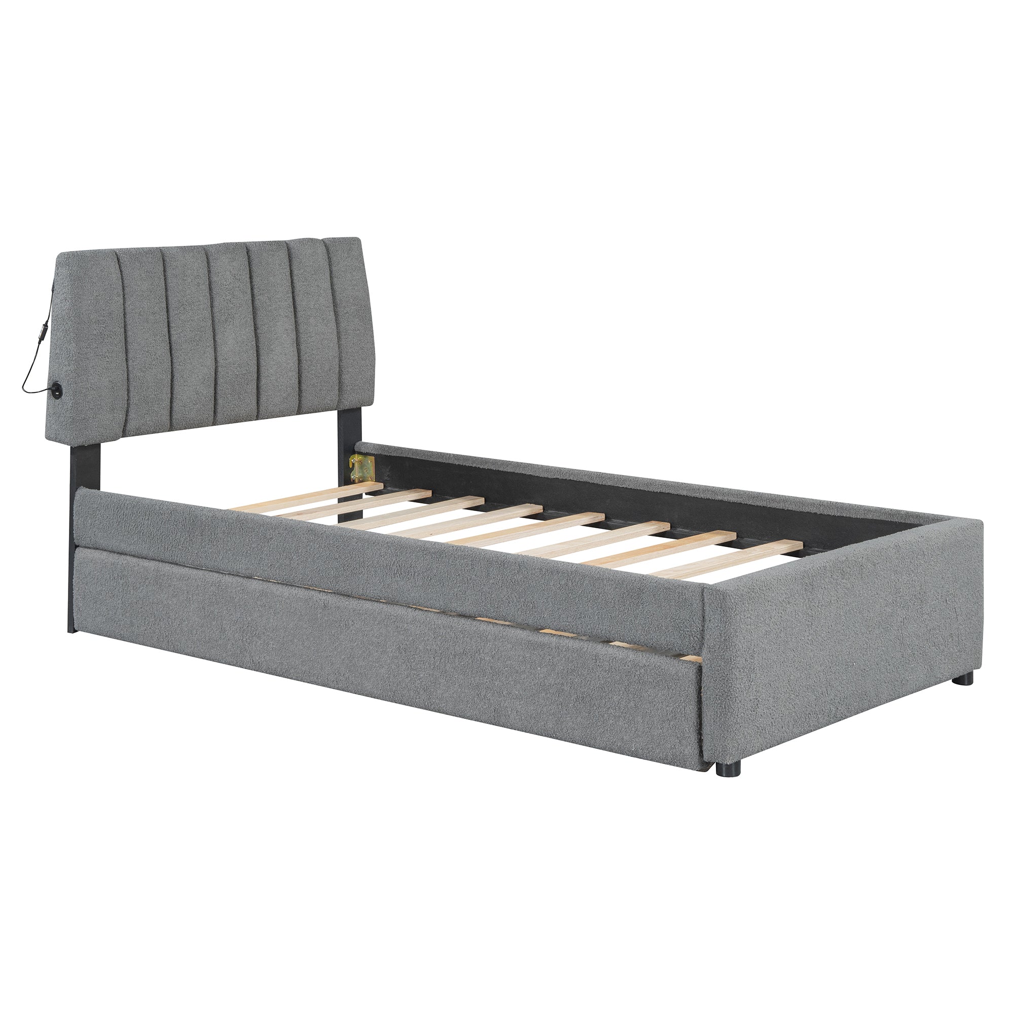 Teddy Fleece Twin Size Upholstered Platform Bed with Trundle, Gray