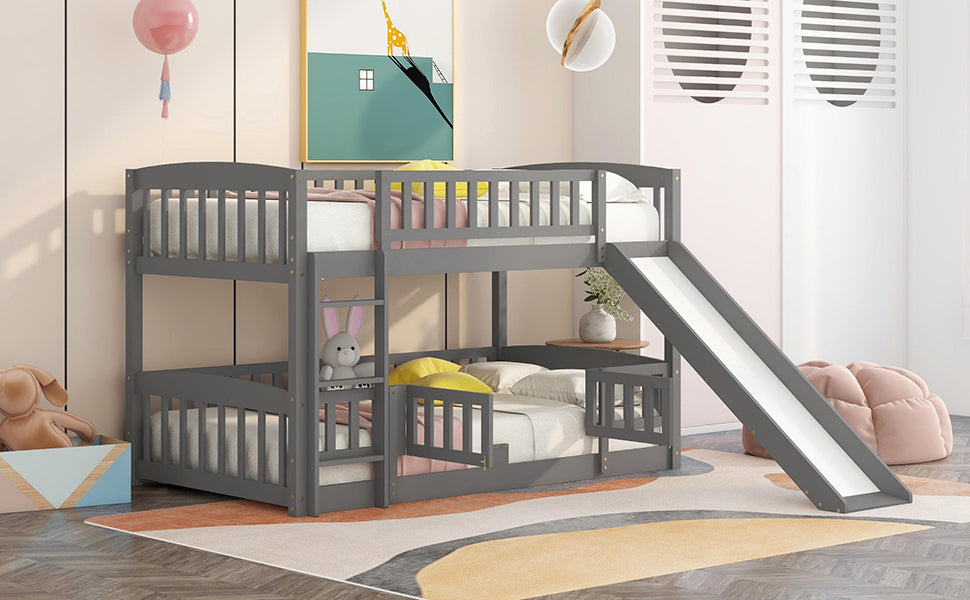 Bunk Bed with Slide,Twin Over Twin Low Bunk Bed with Fence and Ladder for  Kids Teens Grey