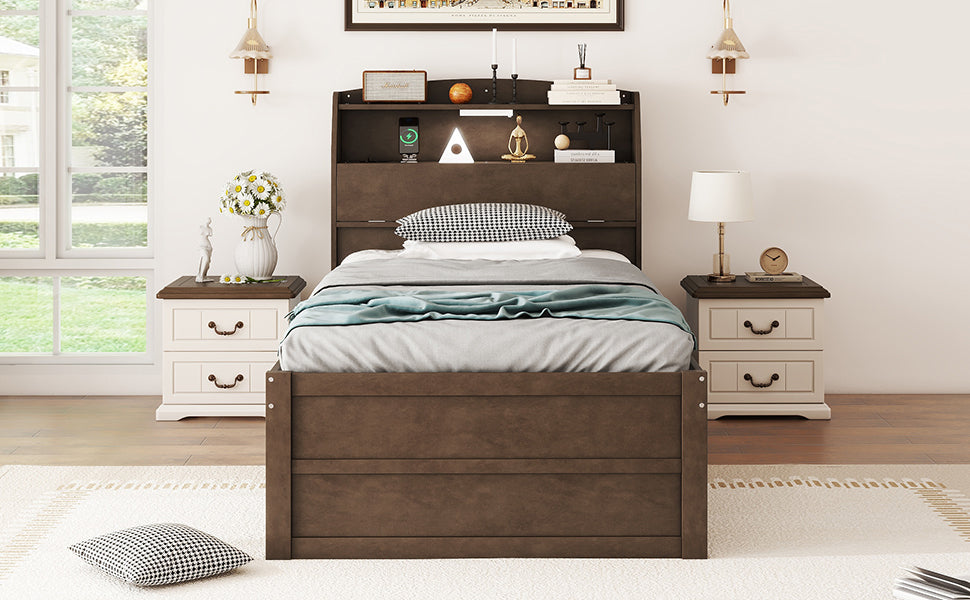 Twin Size Wooden LED Platform Bed with Trundle, with Storage Headboard, with Drawers, Brown