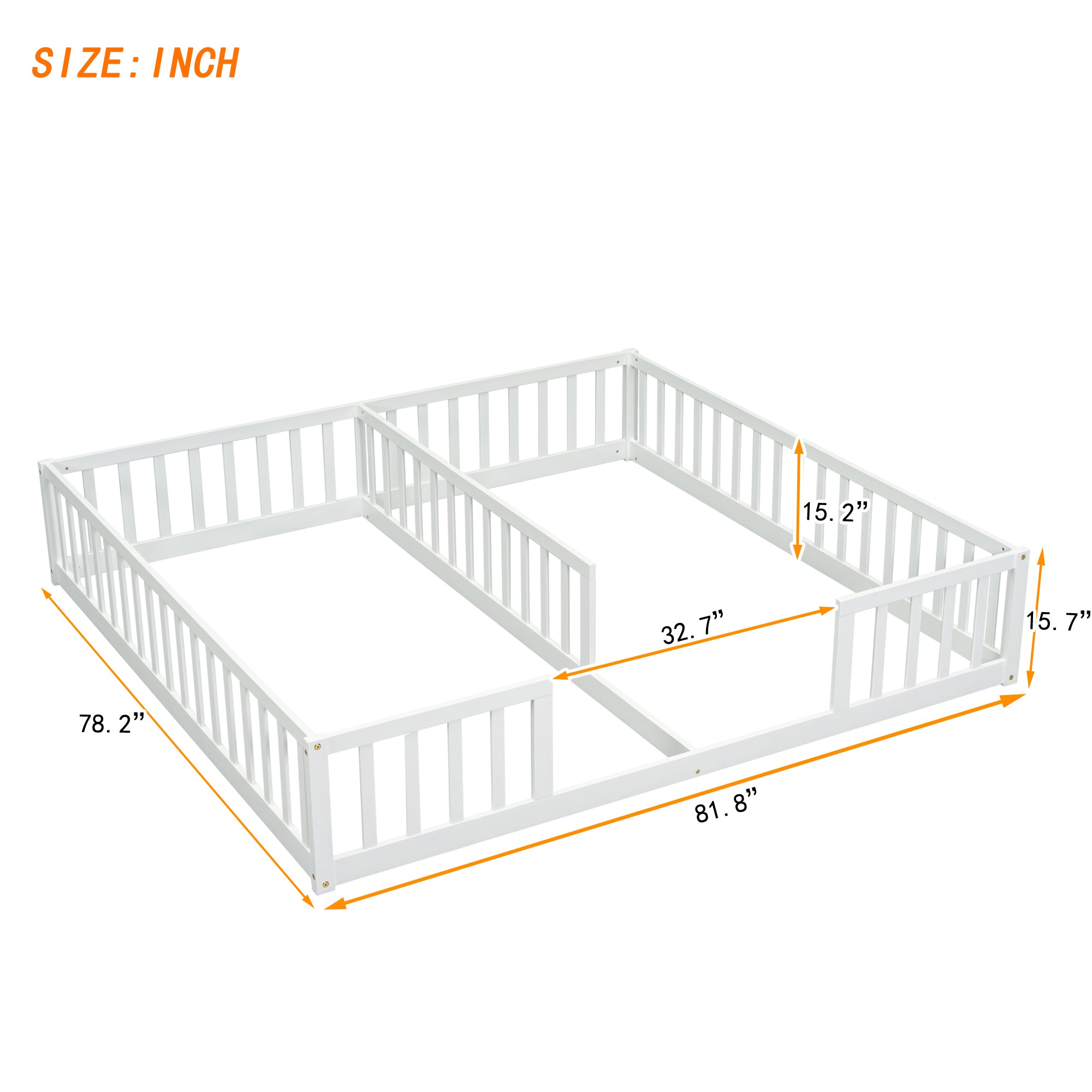 Double Twin Floor Bed with Fence, Guardrails, without door, White