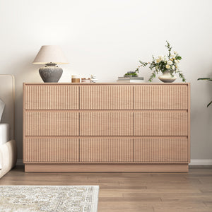9-drawer wood dresser in natural finish, mid-century chest of drawers, front view