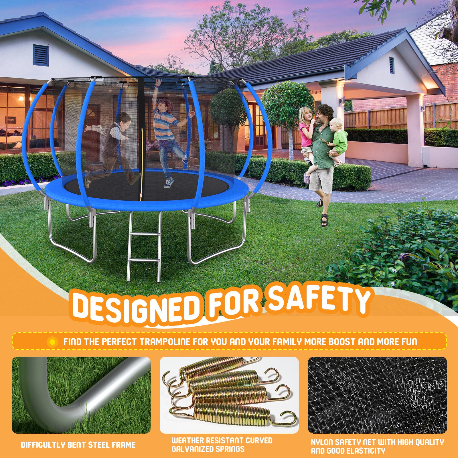 12 FT TRAMPOLINE PUMPKIN-STYLE SAFETY NET WITH BASKETBALL HOOP