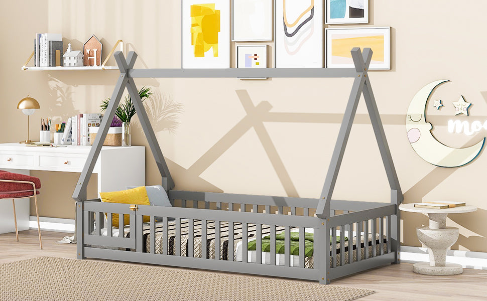 Twin Tent-shaped Floor Bed, with Guardrails, Slats, Door ,Grey