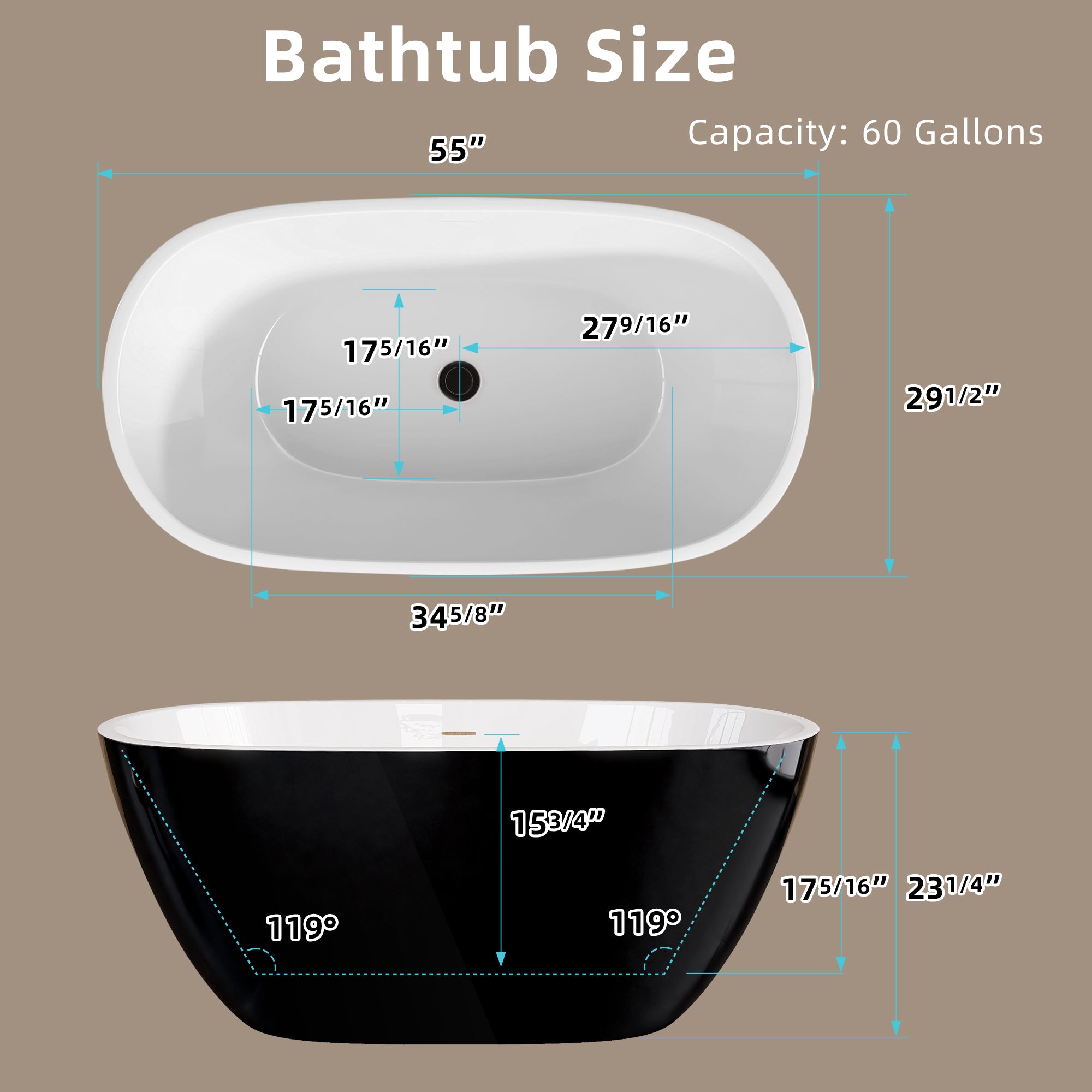 55" Acrylic Freestanding Bathtub Modern Stand Alone Soaking Bathtub with Overflow and Pop-up Drain Gloss Black