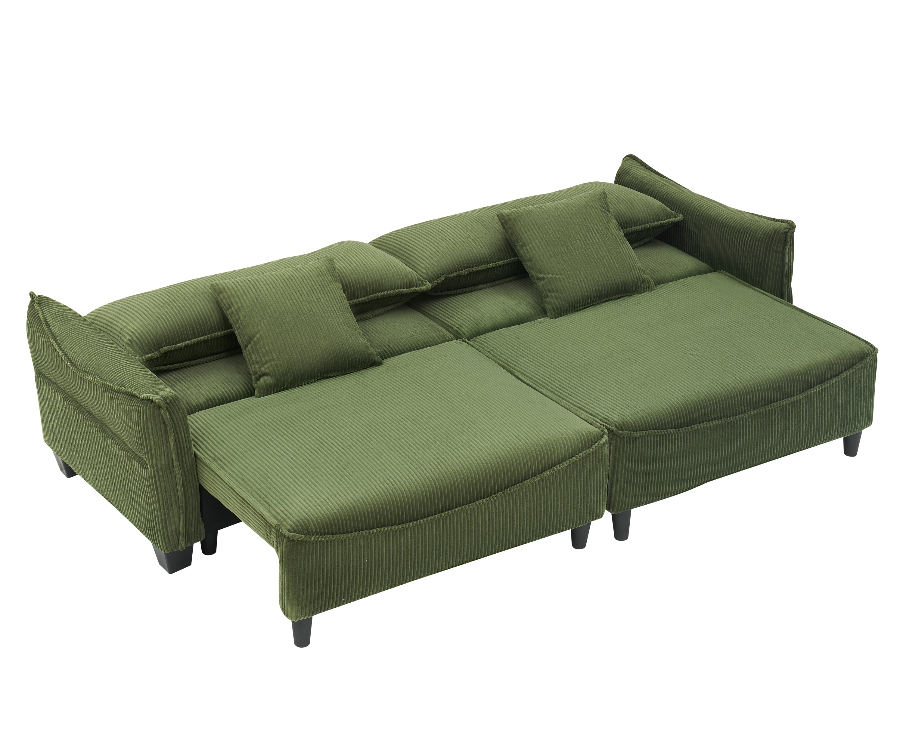 Sofa Showcasing Green Corduroy Fabric, Transformable into Sofa Bed with Two Throw Pillows: Ideal for Living Rooms & Diverse Scenes