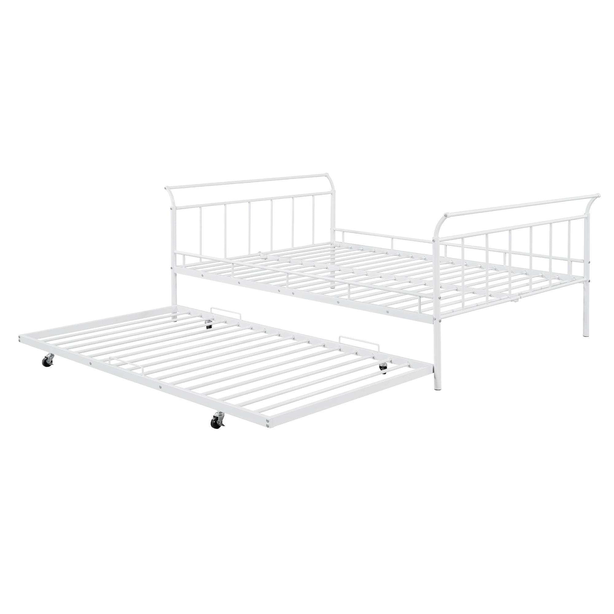 Full Size Metal Daybed with Curved Handle Design and Twin Size Trundle, White