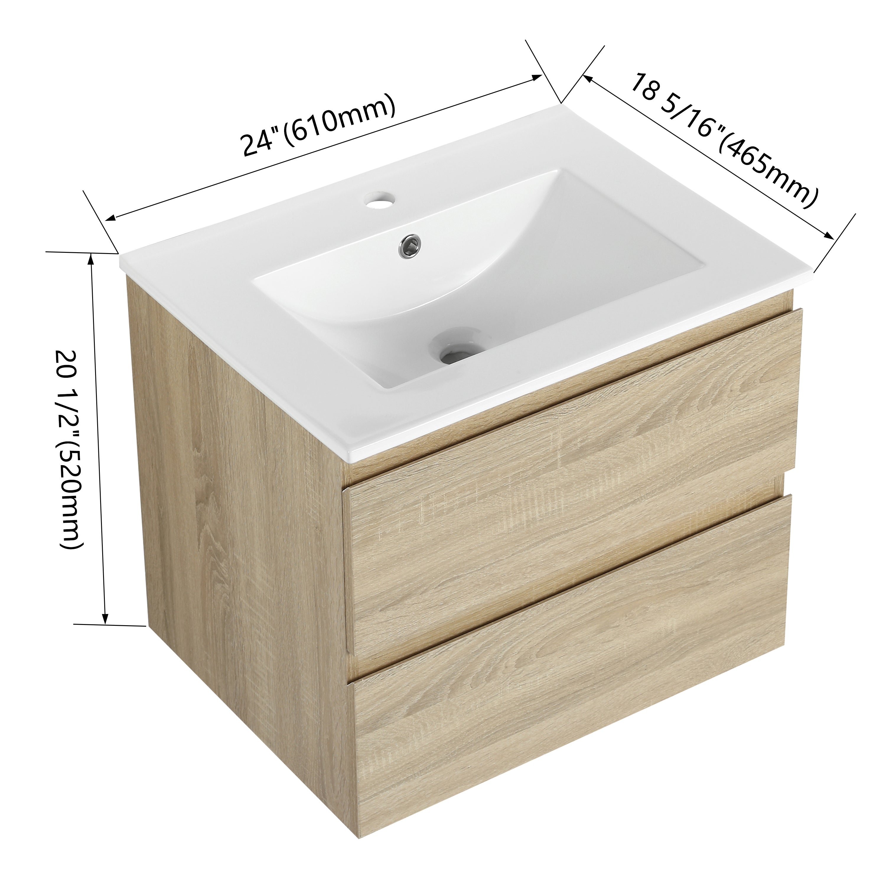 24" Wall-Mounted Bathroom Vanity With Ceramic Sink, 2-Soft Close Drawers, KD-Package