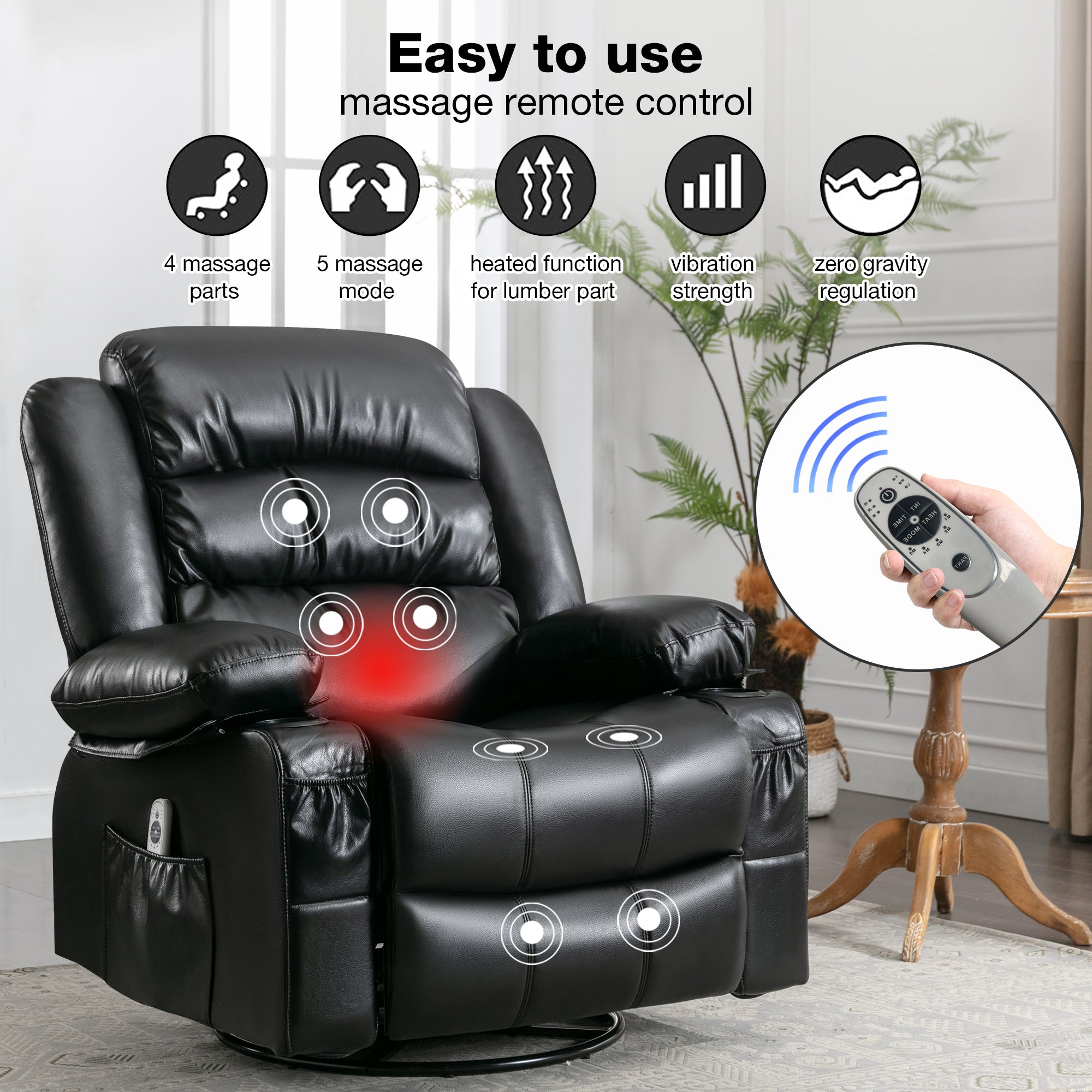 Massage Swivel Rocker Recliner Chair with Vibration Massage and Heat Ergonomic Lounge Chair for Living Room with Rocking Function and Side Pocket   2 Cup Holders USB Charge Port ,black.