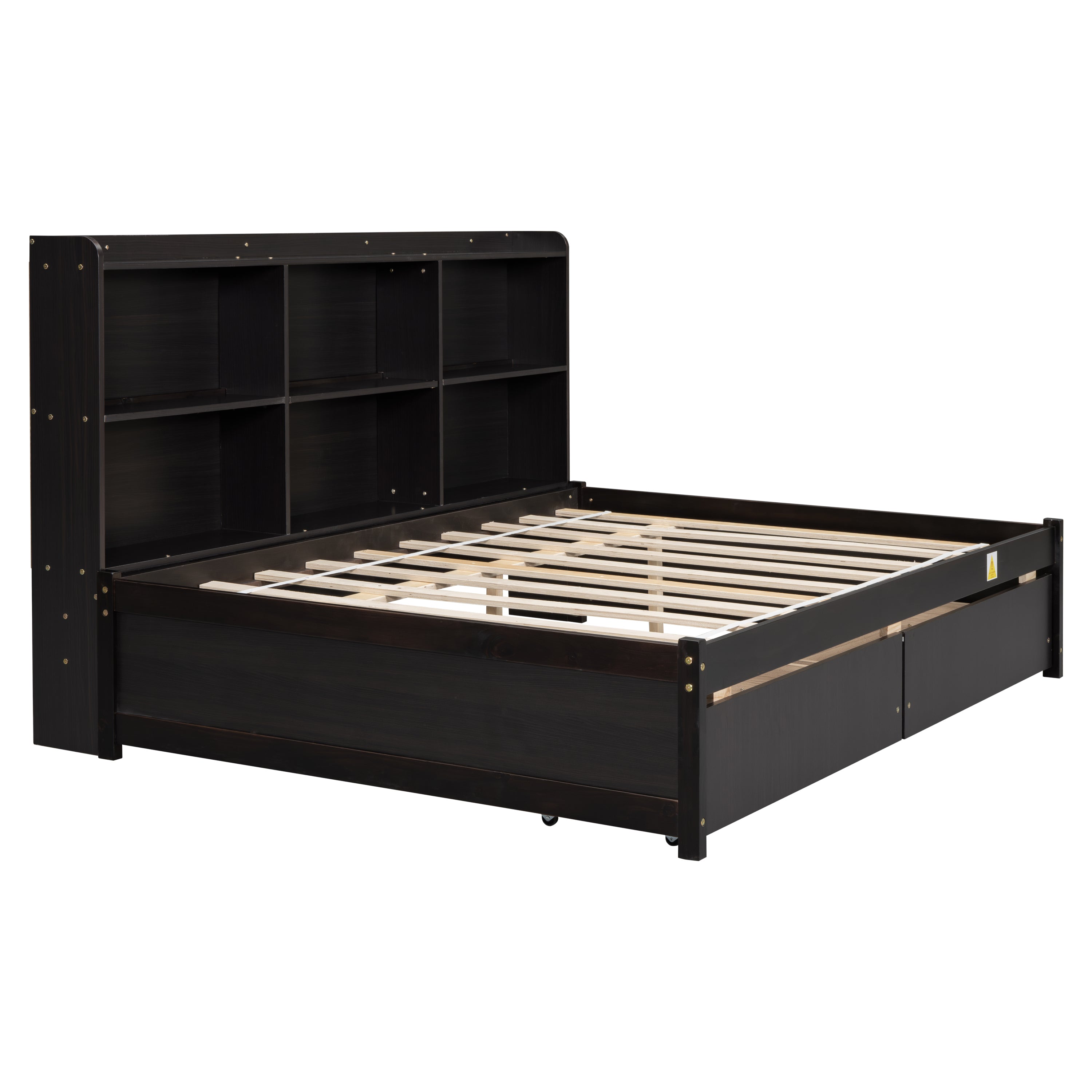 Full Bed with Side Bookcase, Drawers,Espresso