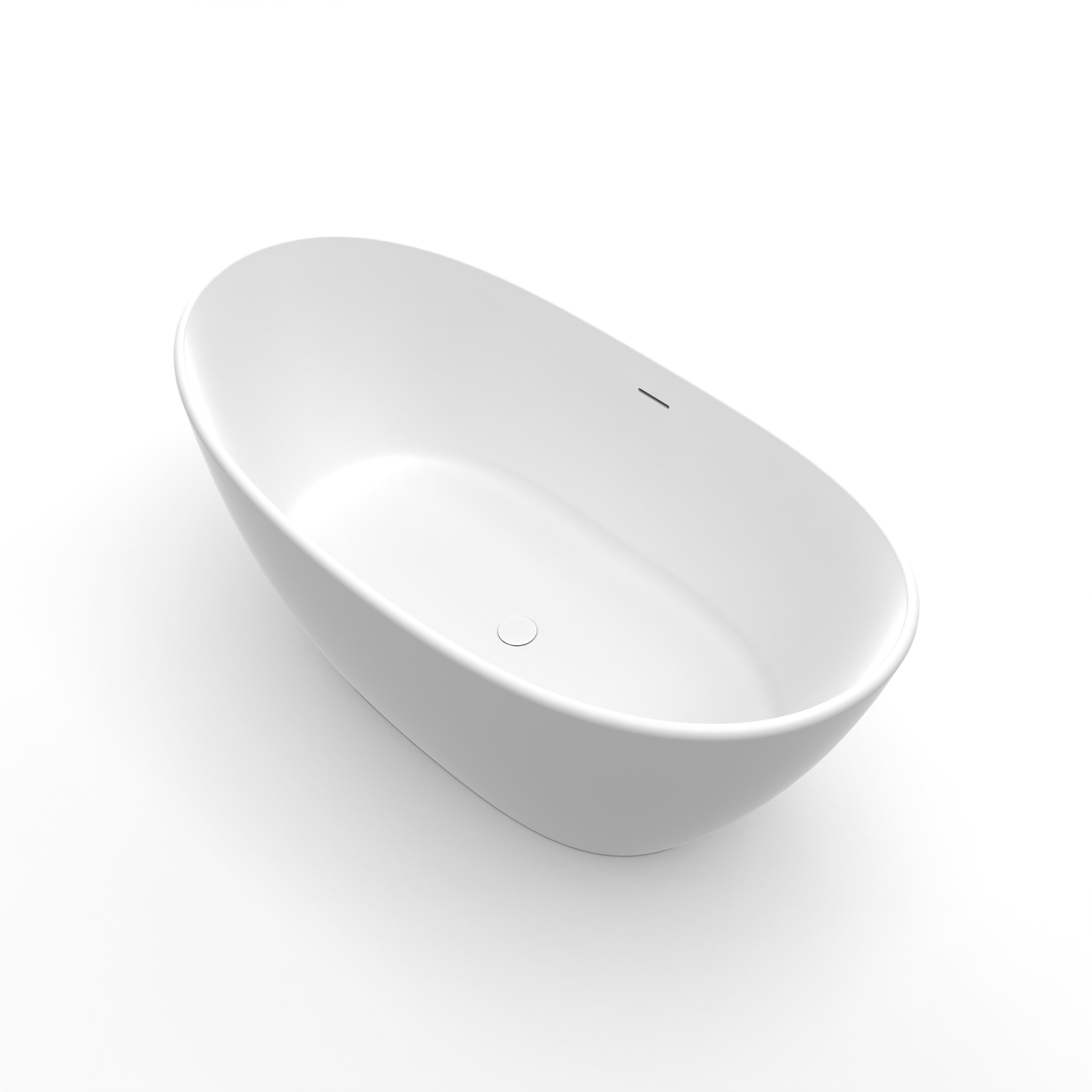 61 inch freestanding solid surface soaking bathtub, white, in bathroom setting