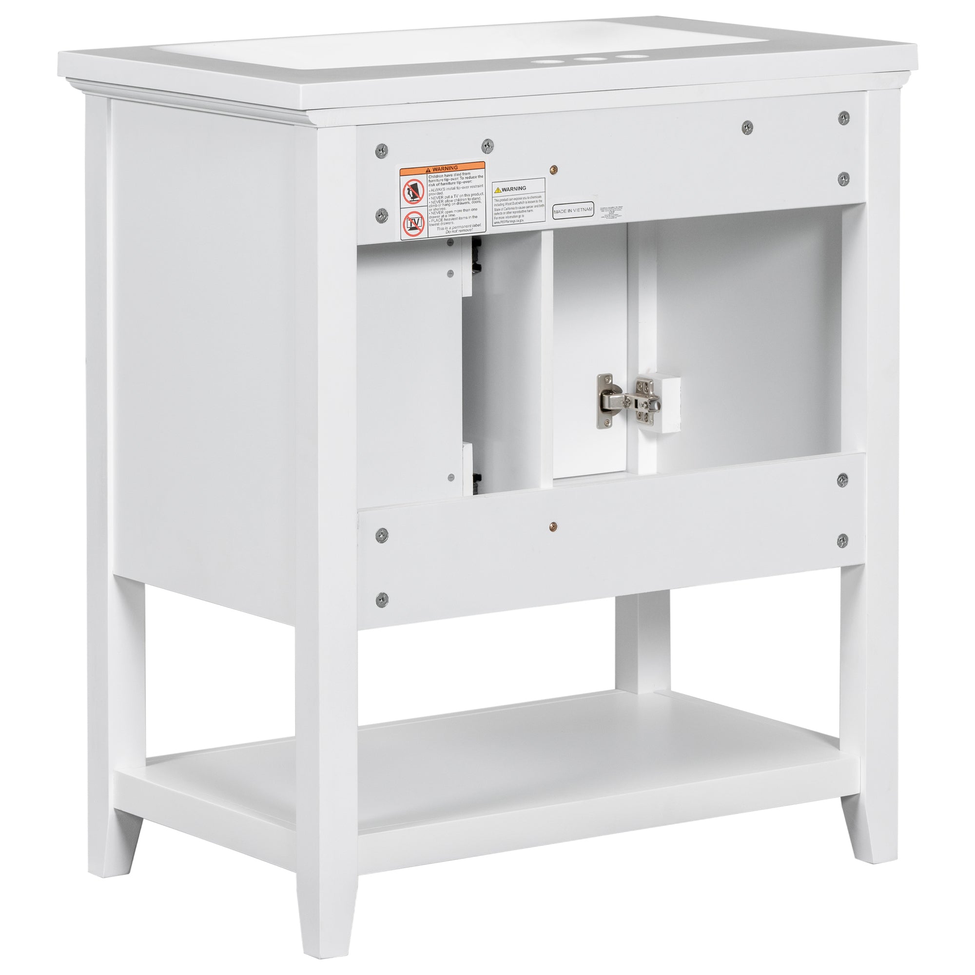 30" Bathroom Vanity with Ceramic Sink Top, Vanity Cabinet with Multi-Functional Drawer, Solid Wood Legs, White