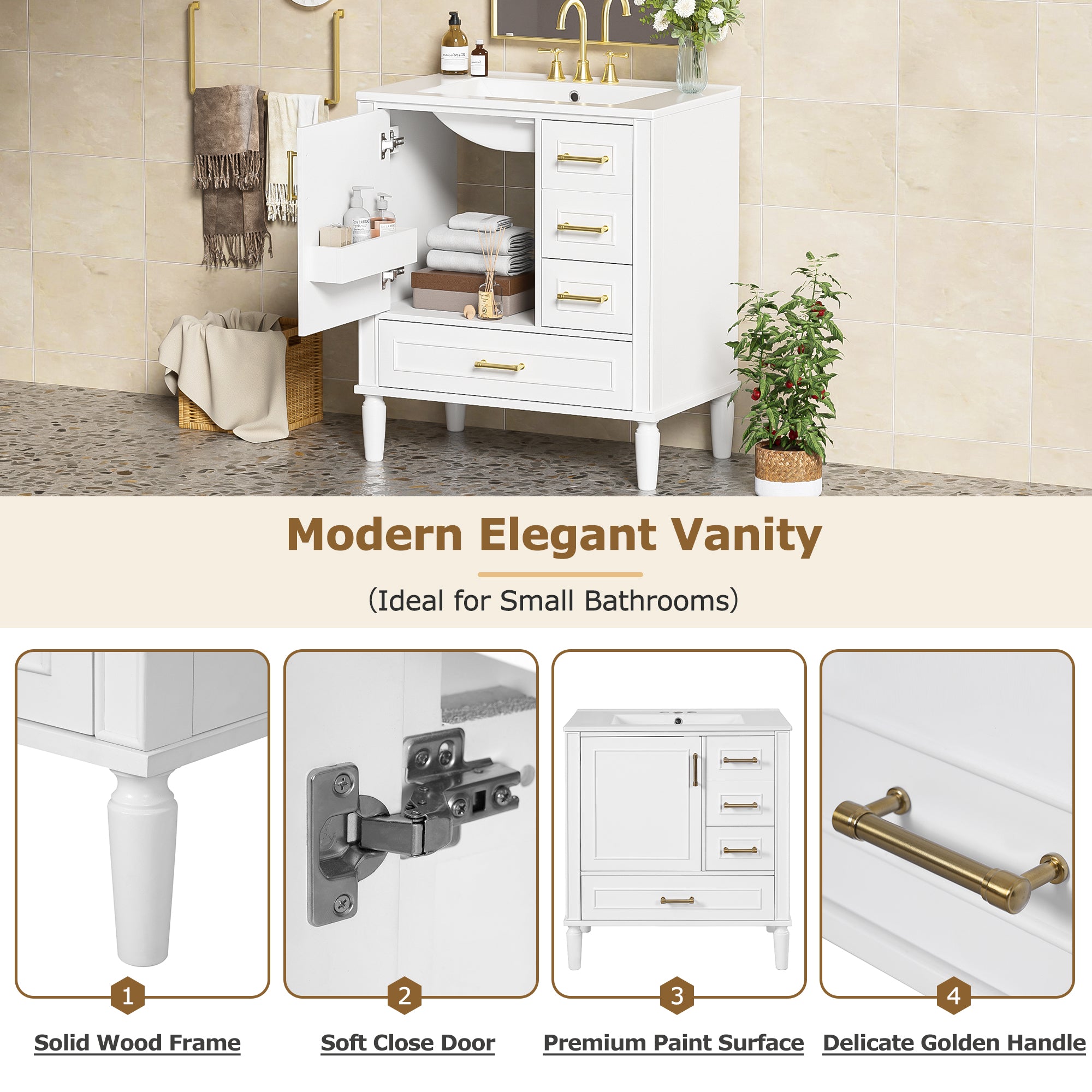 Bathroom vanity storage cabinet and deep drawer open, detail view