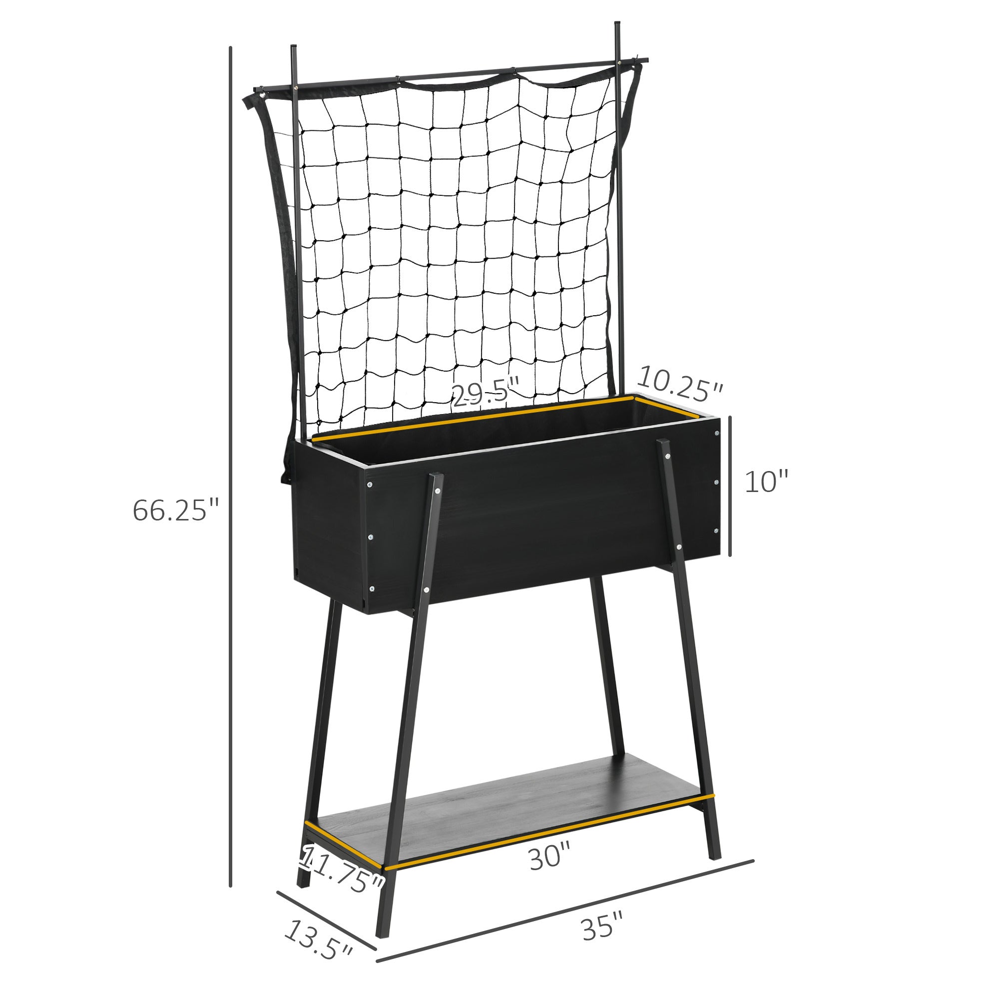 Outsunny Raised Garden Bed with Trellis & Storage Shelf, Elevated Planter Box with Metal Legs, Bed Liner and Drainage Holes, for Vegetable Vines, Climbing Plants, Flowers, Black