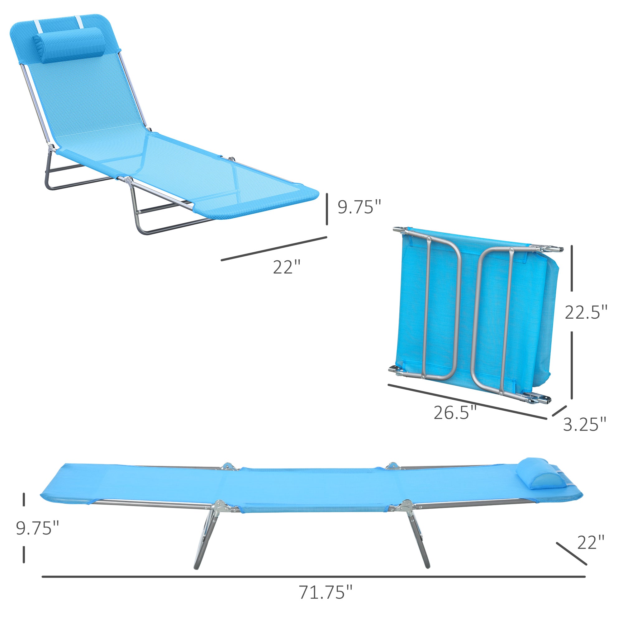 Outsunny Folding Chaise Lounge Pool Chairs, Outdoor Sun Tanning Chairs with Pillow, Reclining Back, Steel Frame & Breathable Mesh for Beach, Yard, Patio, Blue