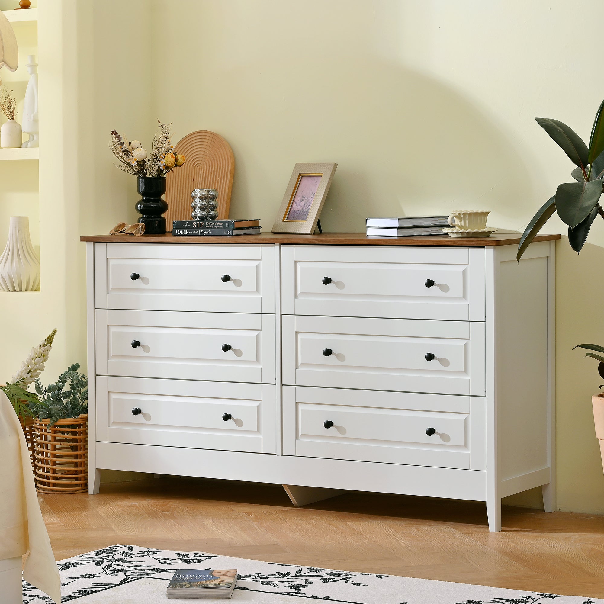 White 6-drawer wood dresser with metal handles, front view